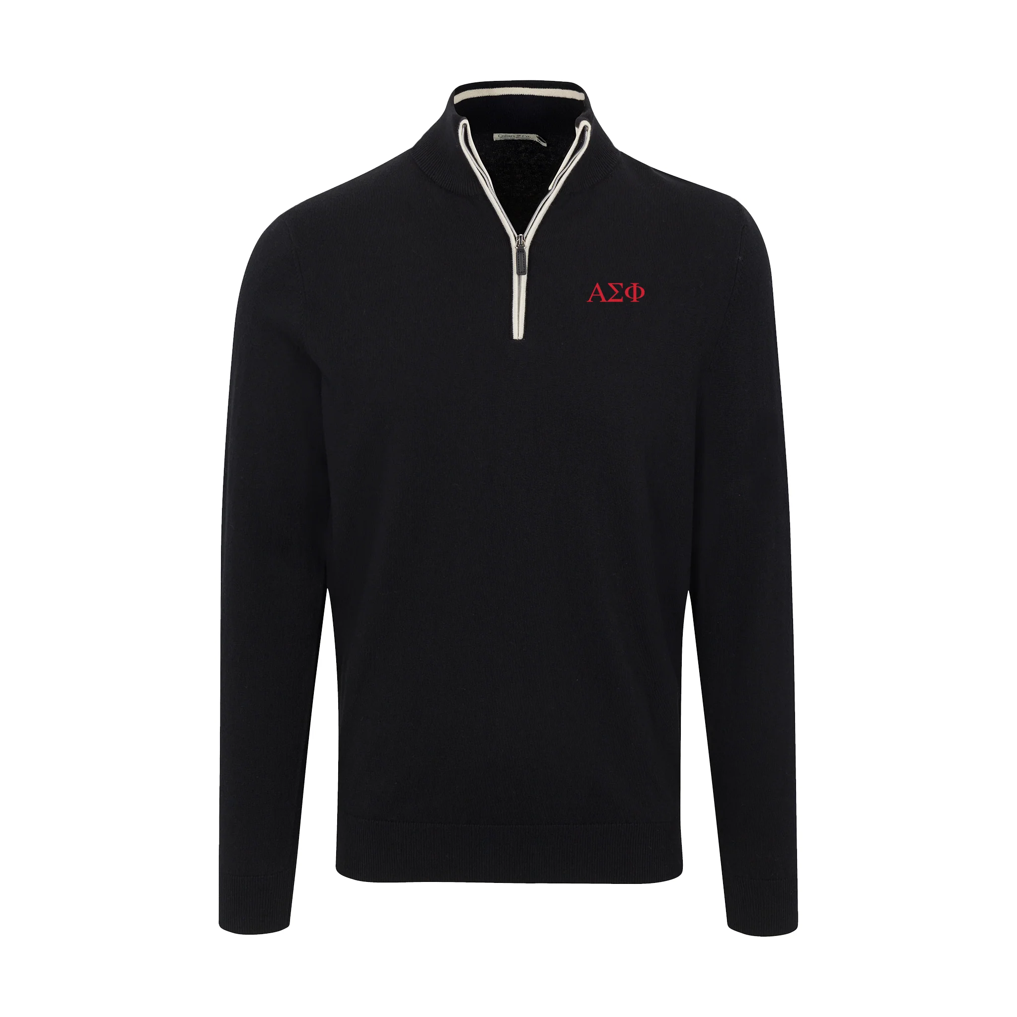Alpha Sigma Phi Black with White Trim Luxury Touch Cotton and Cashmere Quarter Zip Sweater