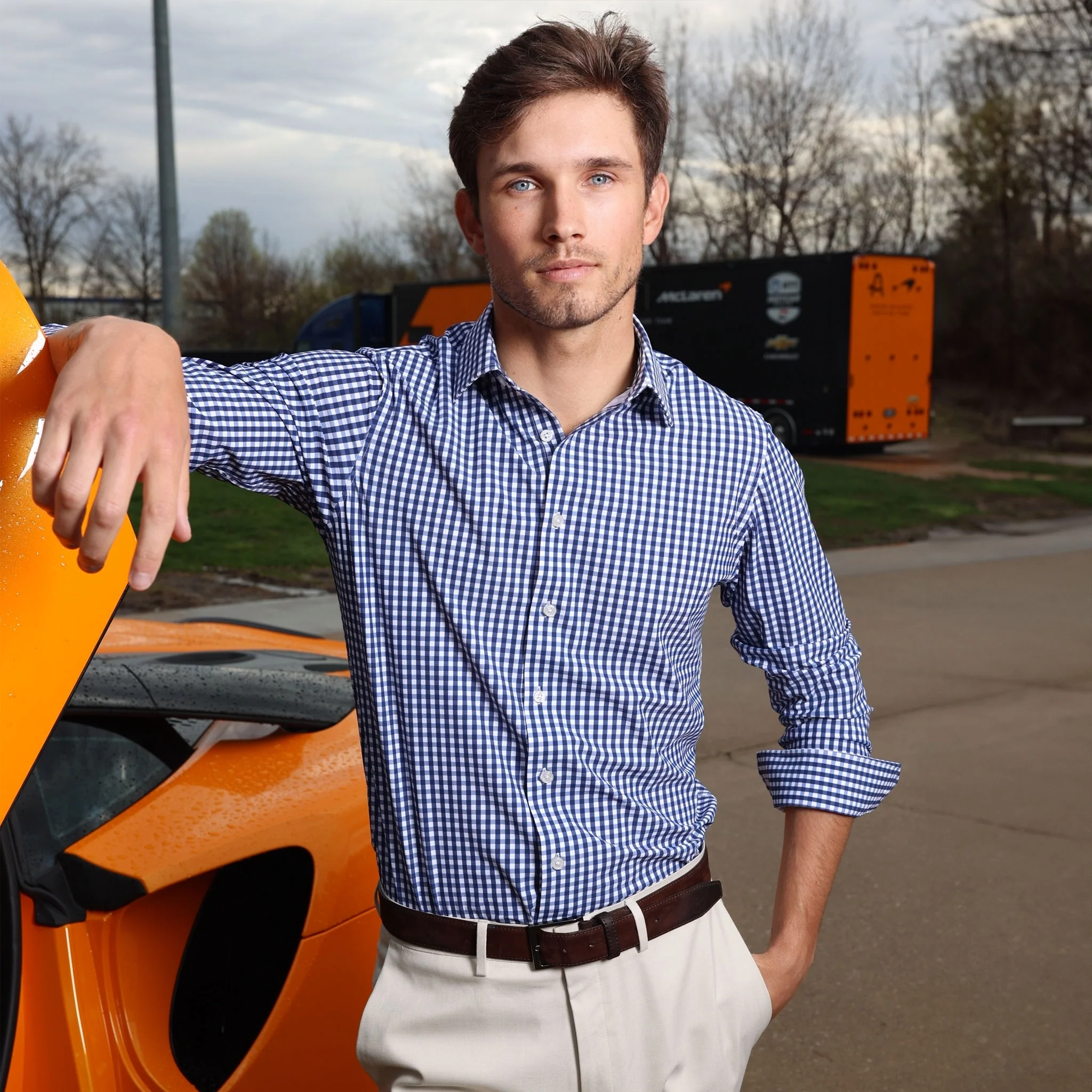 Apex Performance Dress Shirt Semi-Spread Collar Navy Gingham - Image 3