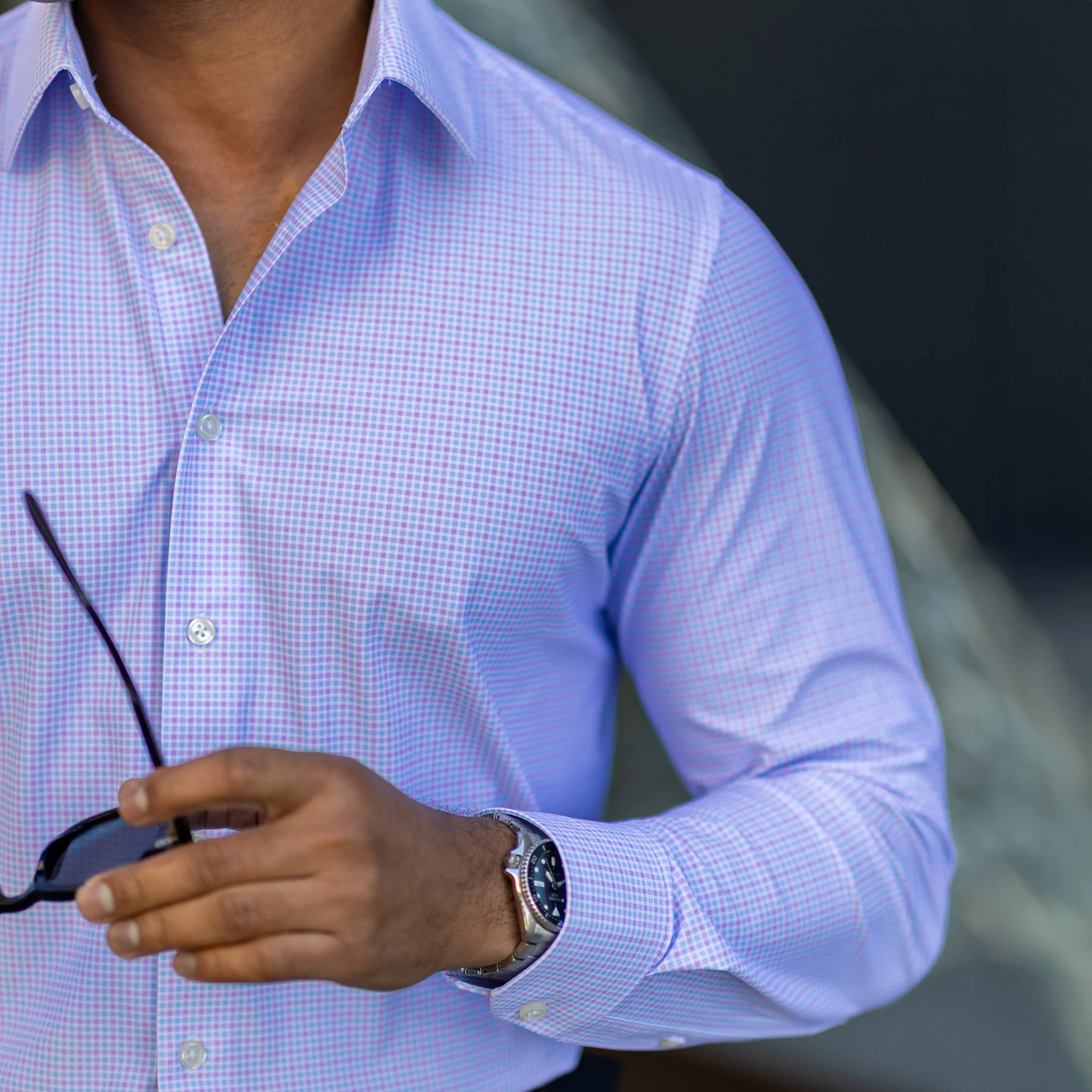 Apex Performance Dress Shirt Semi-Spread Collar Lavender and Blue Multi Gingham - Image 3