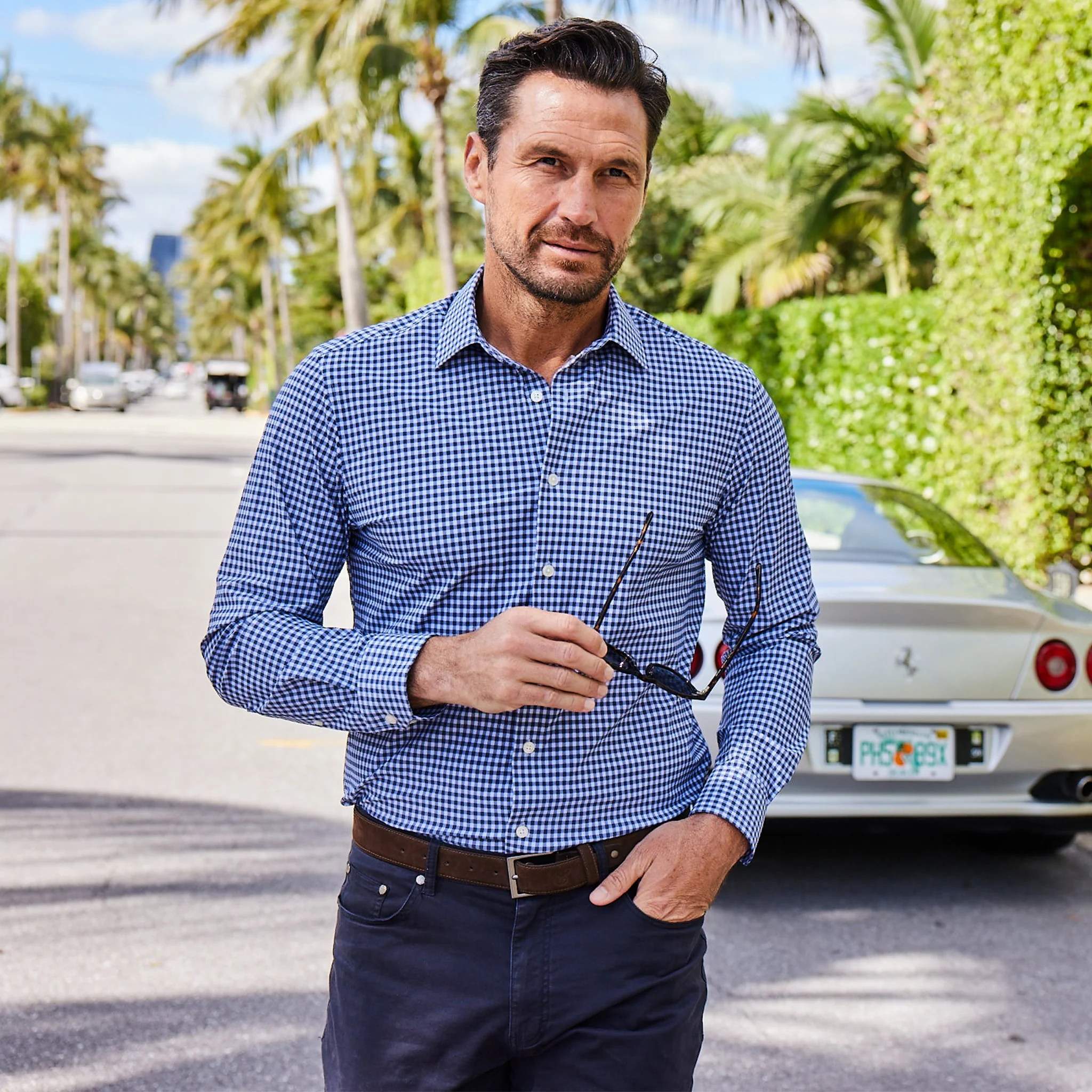 Apex Performance Dress Shirt Semi-Spread Collar Navy and Sky Gingham - Image 4