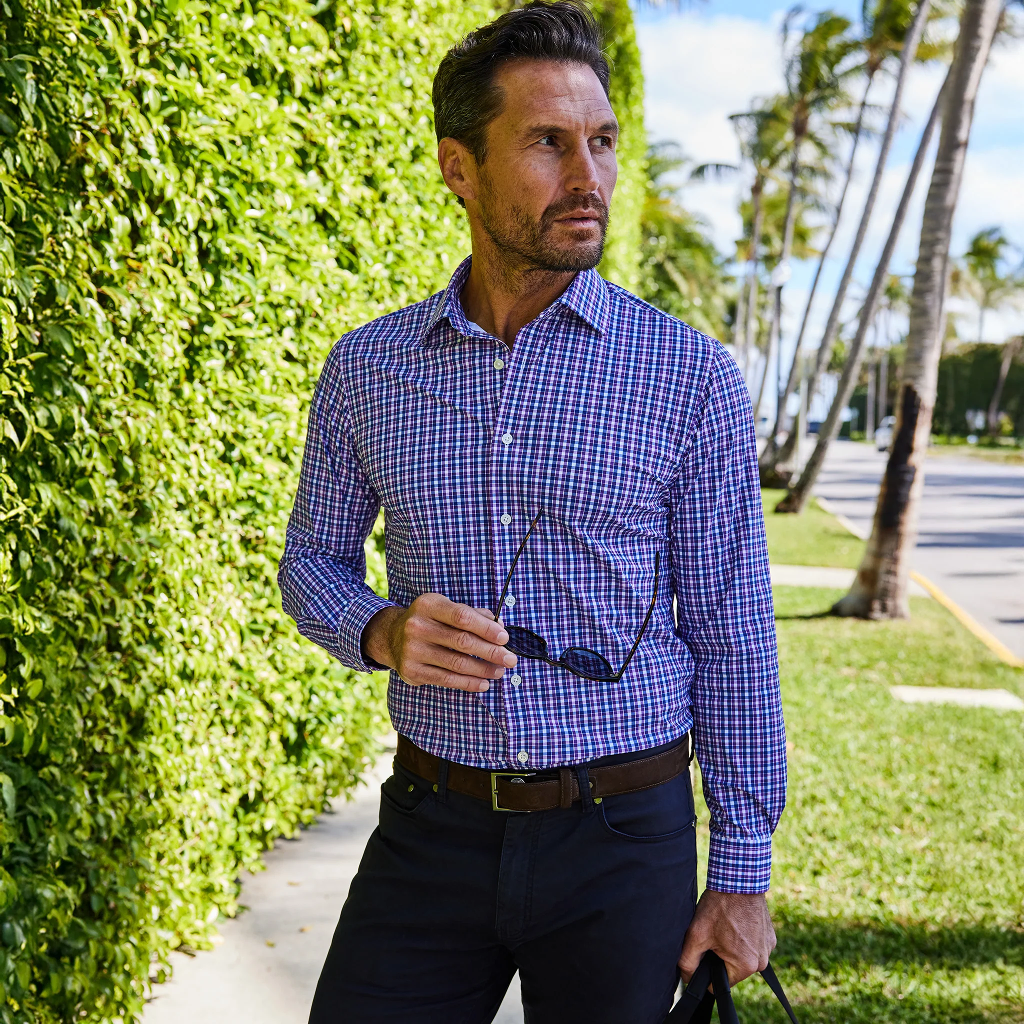 Apex Performance Dress Shirt Semi-Spread Collar Purple and Blue Tattersall - Image 3