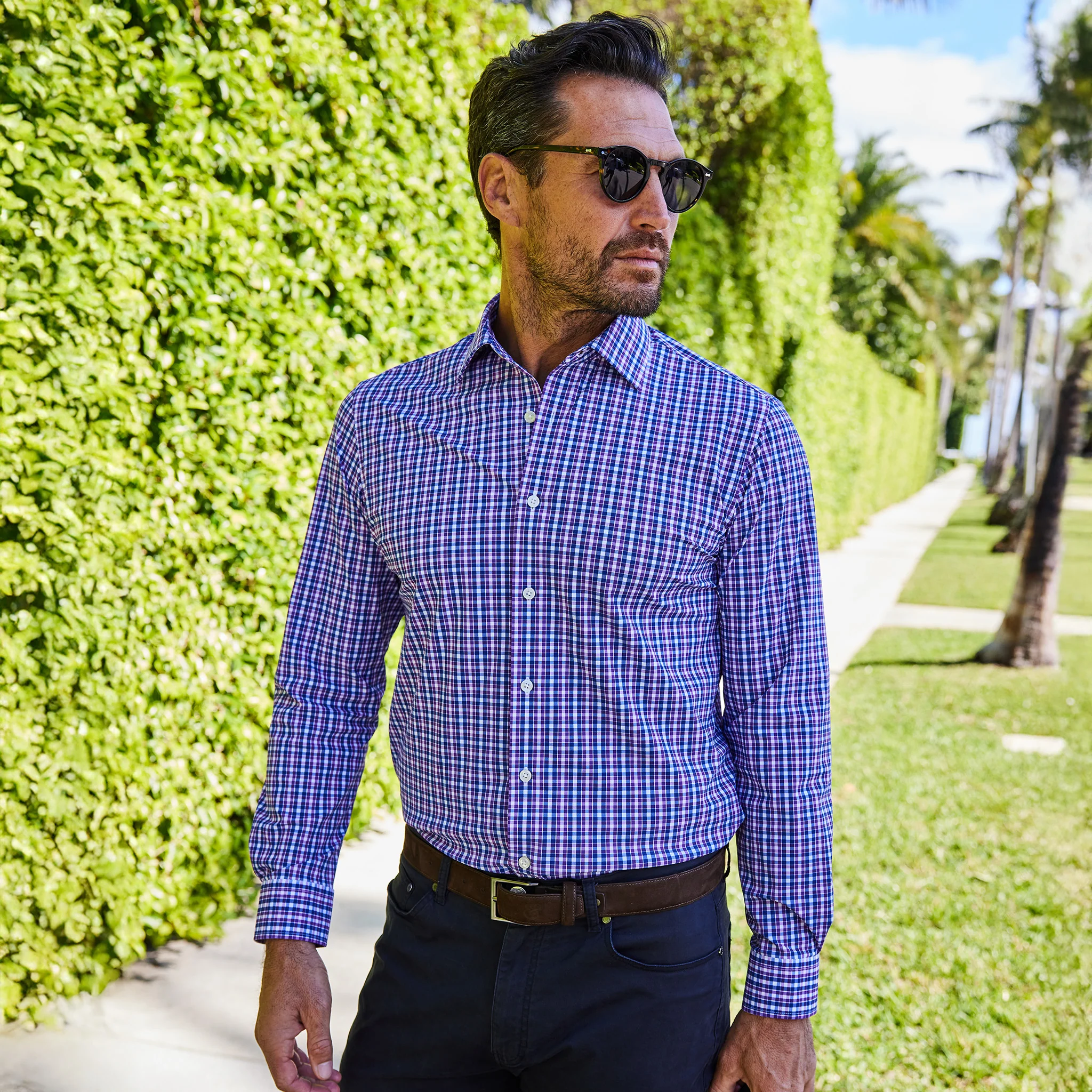 Apex Performance Dress Shirt Semi-Spread Collar Purple and Blue Tattersall - Image 4