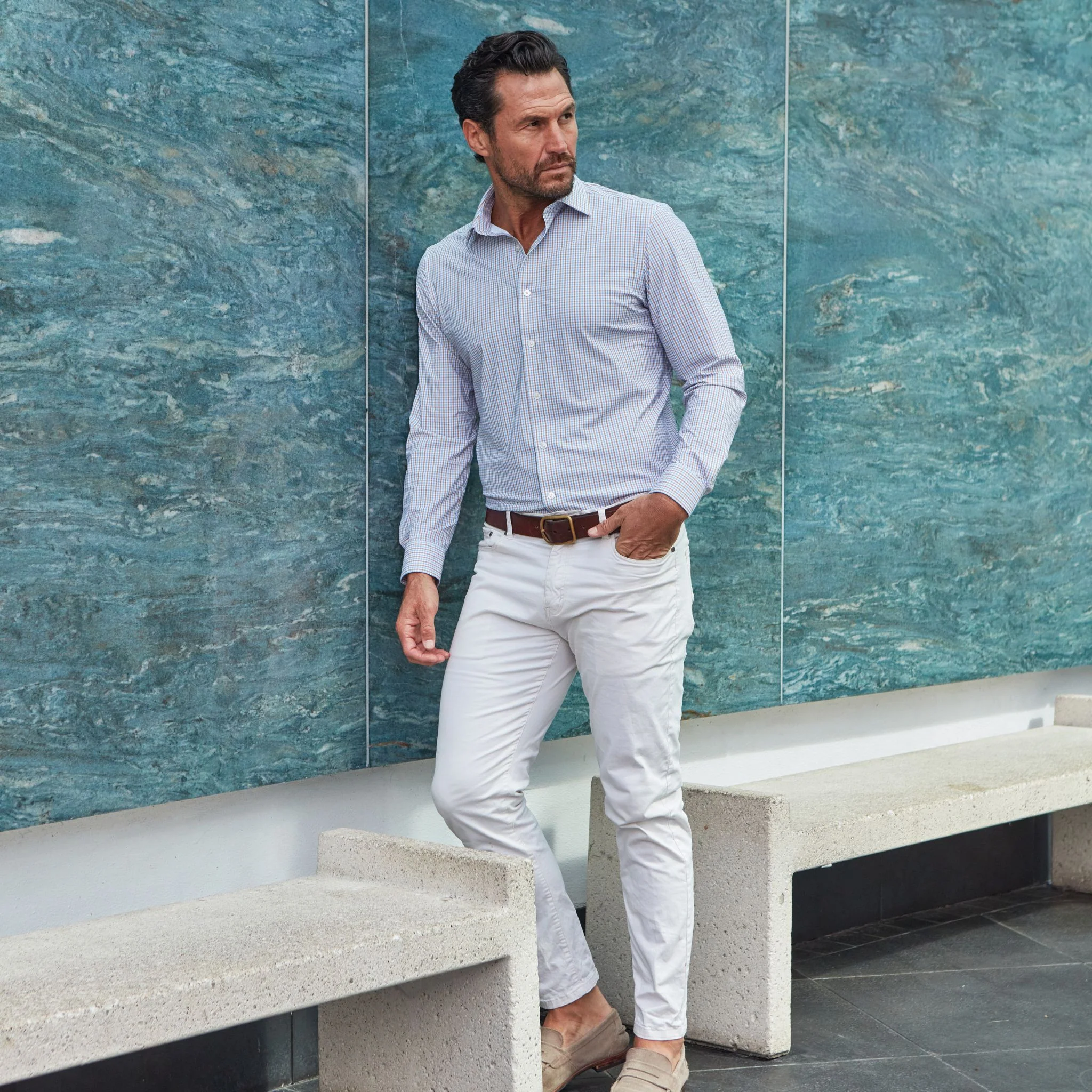 Apex Performance Dress Shirt Semi-Spread Collar Tan and Blue Tattersall - Image 3
