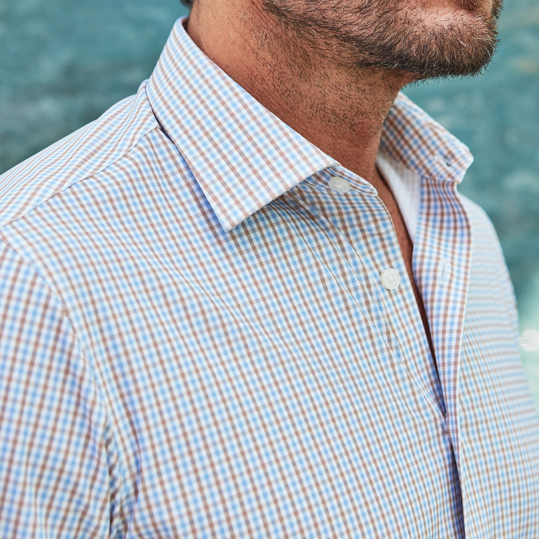 Apex Performance Dress Shirt Semi-Spread Collar Tan and Blue Tattersall - Image 5