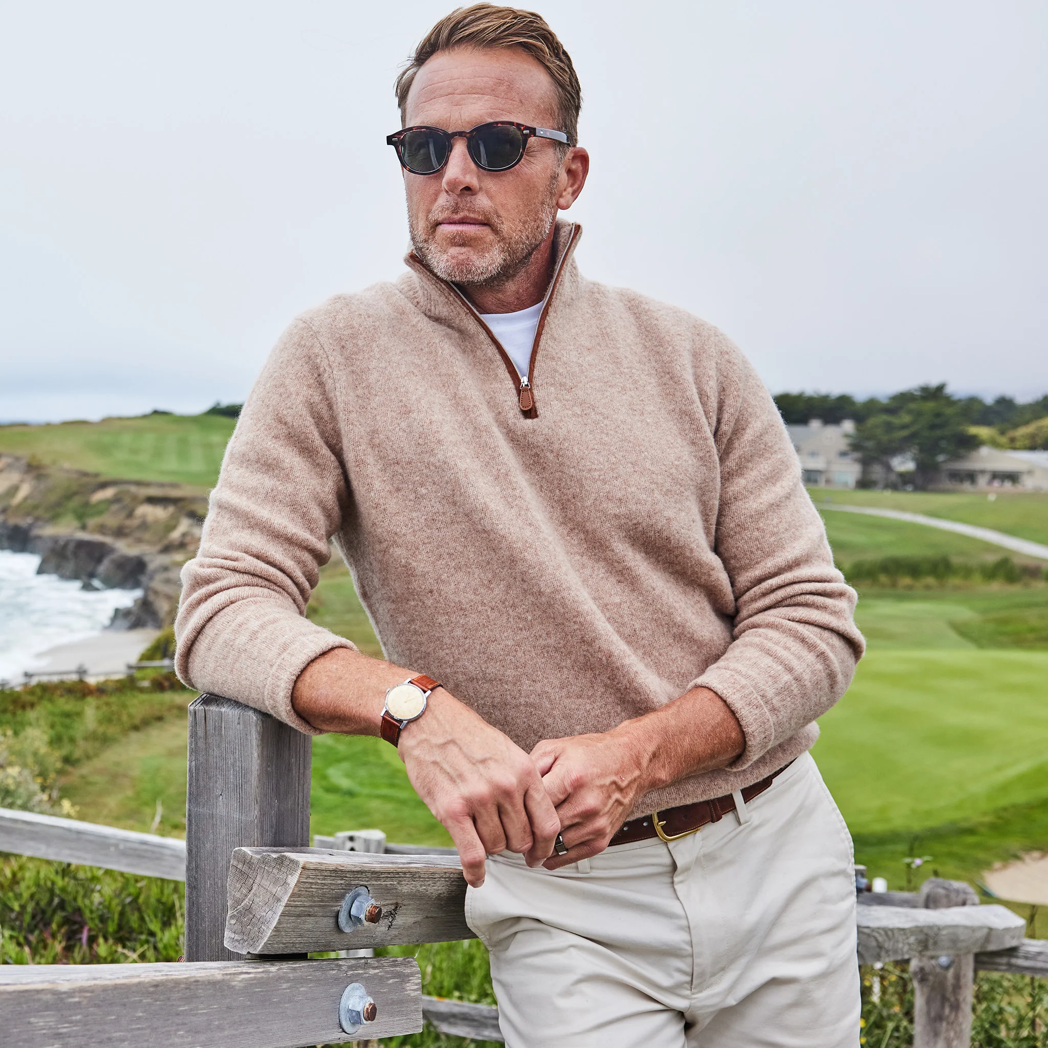 Balmoral Quarter Zip Wool Sweater Camel with Brown Suede Trim - Image 3