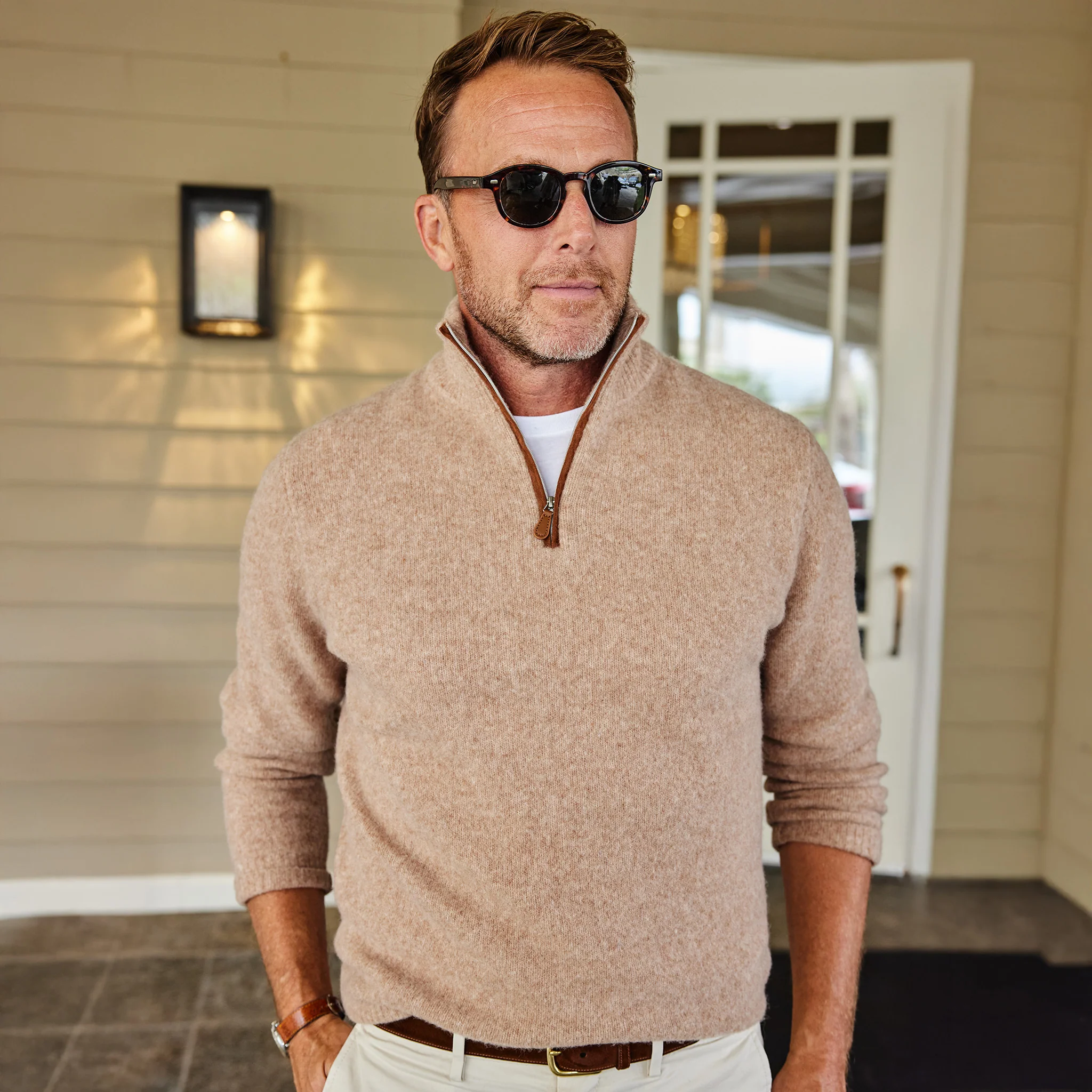 Balmoral Quarter Zip Wool Sweater Camel with Brown Suede Trim - Image 4
