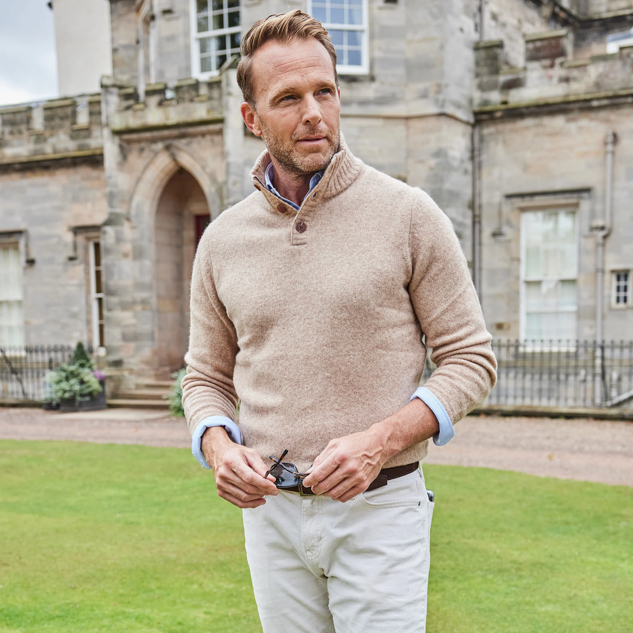Balmoral Three Button Wool Sweater Camel - Image 4