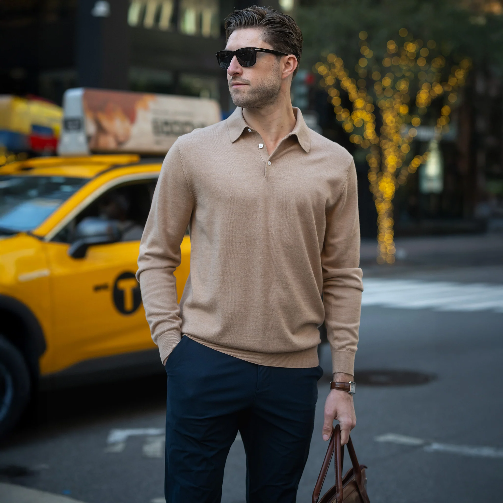 Bellagio Three Button Long Sleeve Merino Polo Camel - Image 2