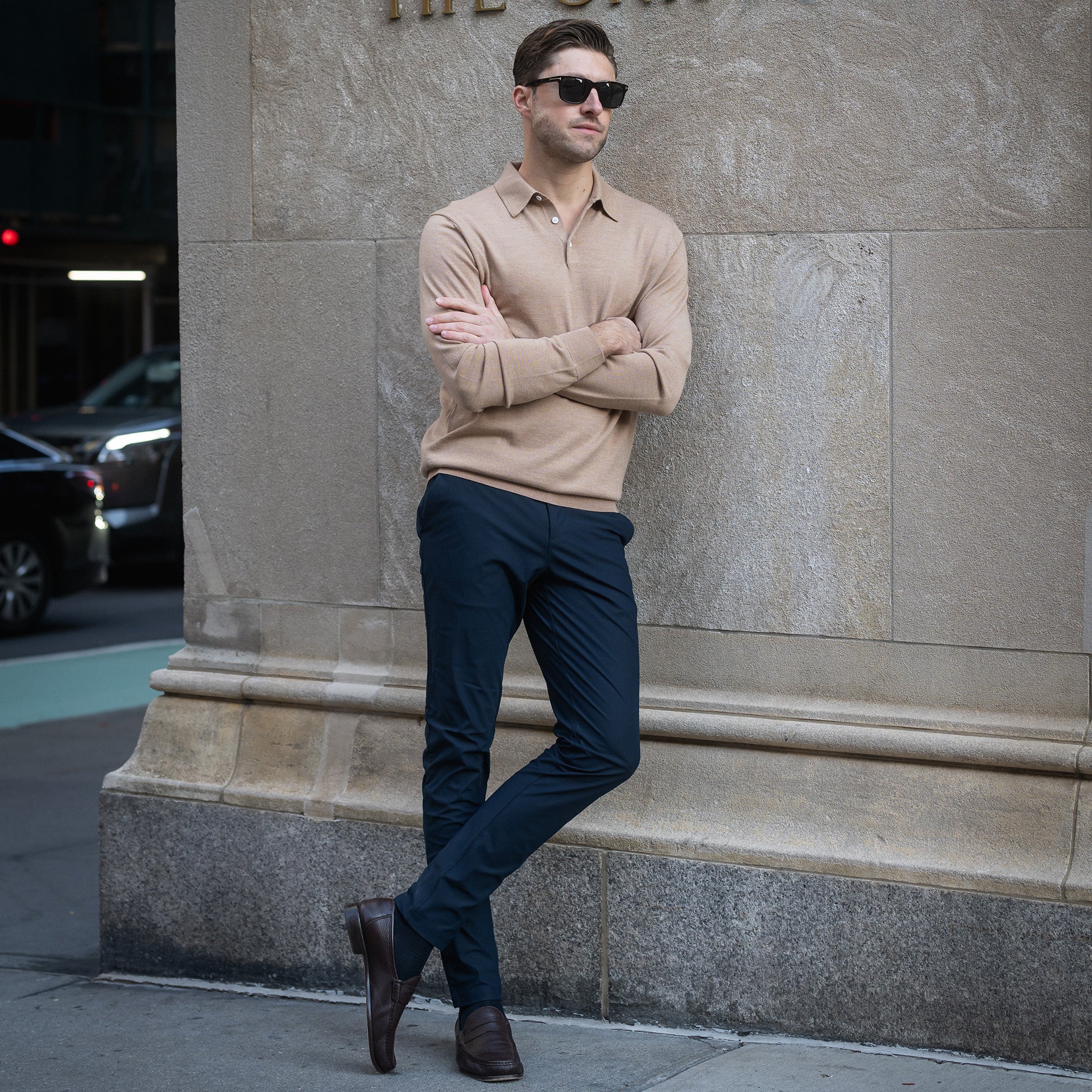 Bellagio Three Button Long Sleeve Merino Polo Camel - Image 3