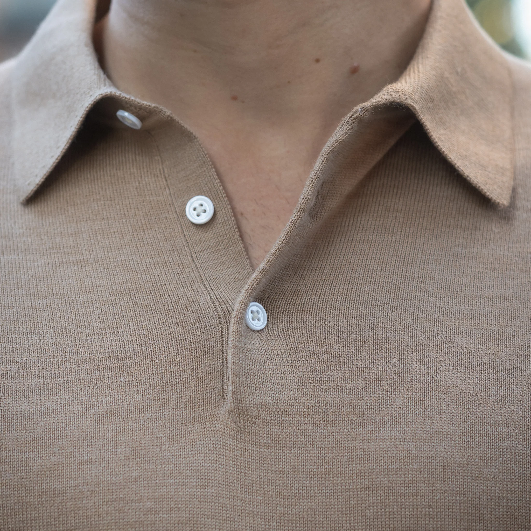 Bellagio Three Button Long Sleeve Merino Polo Camel - Image 4