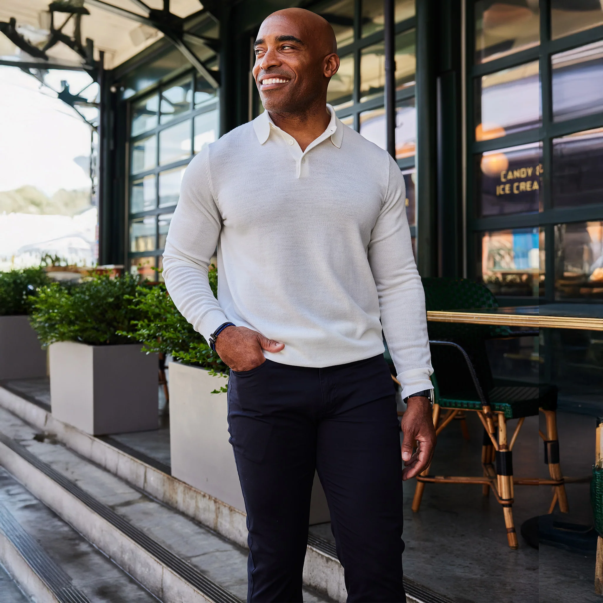 Bellagio Three Button Long Sleeve Merino Polo Cream - Image 3