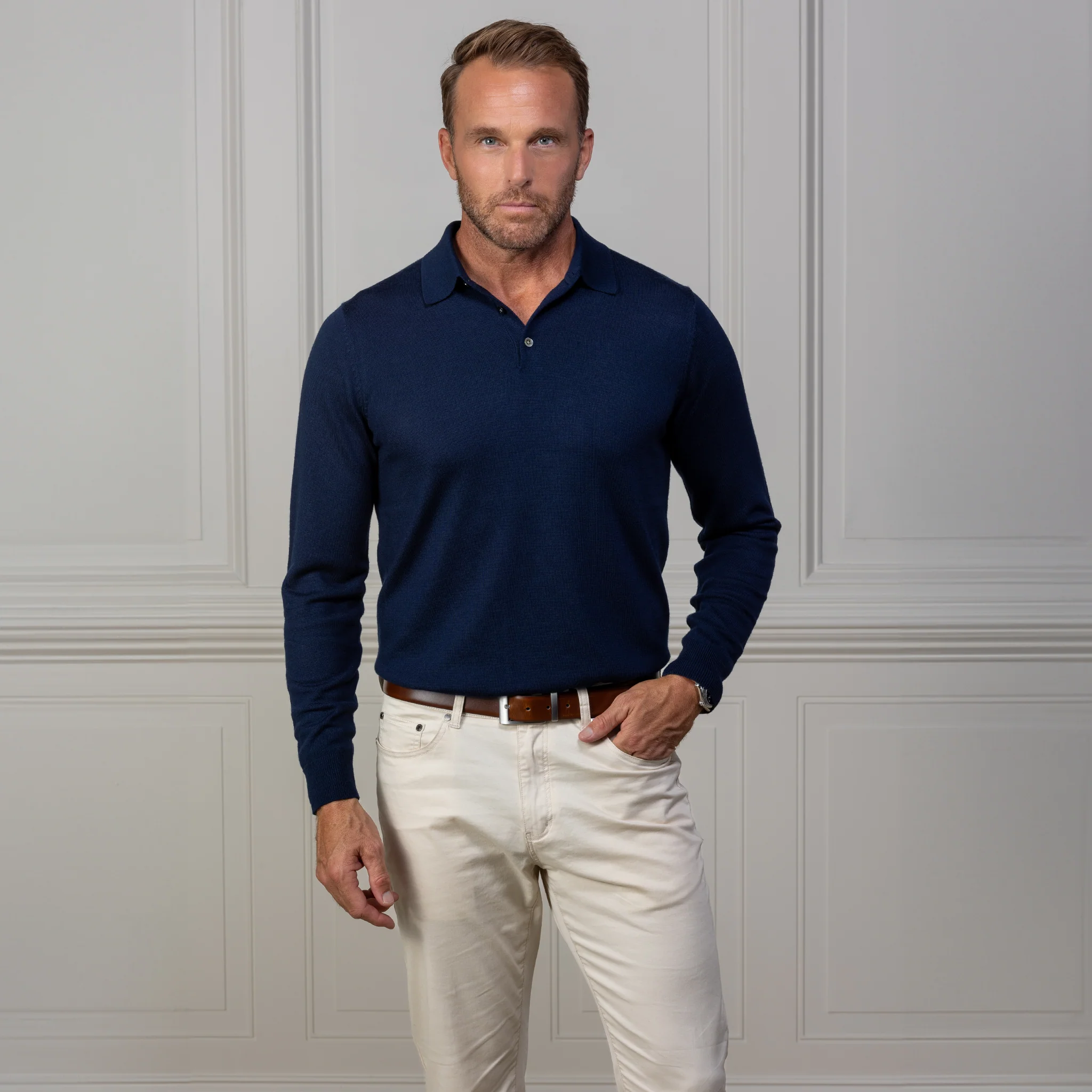 Bellagio Three Button Long Sleeve Merino Polo Navy - Image 5