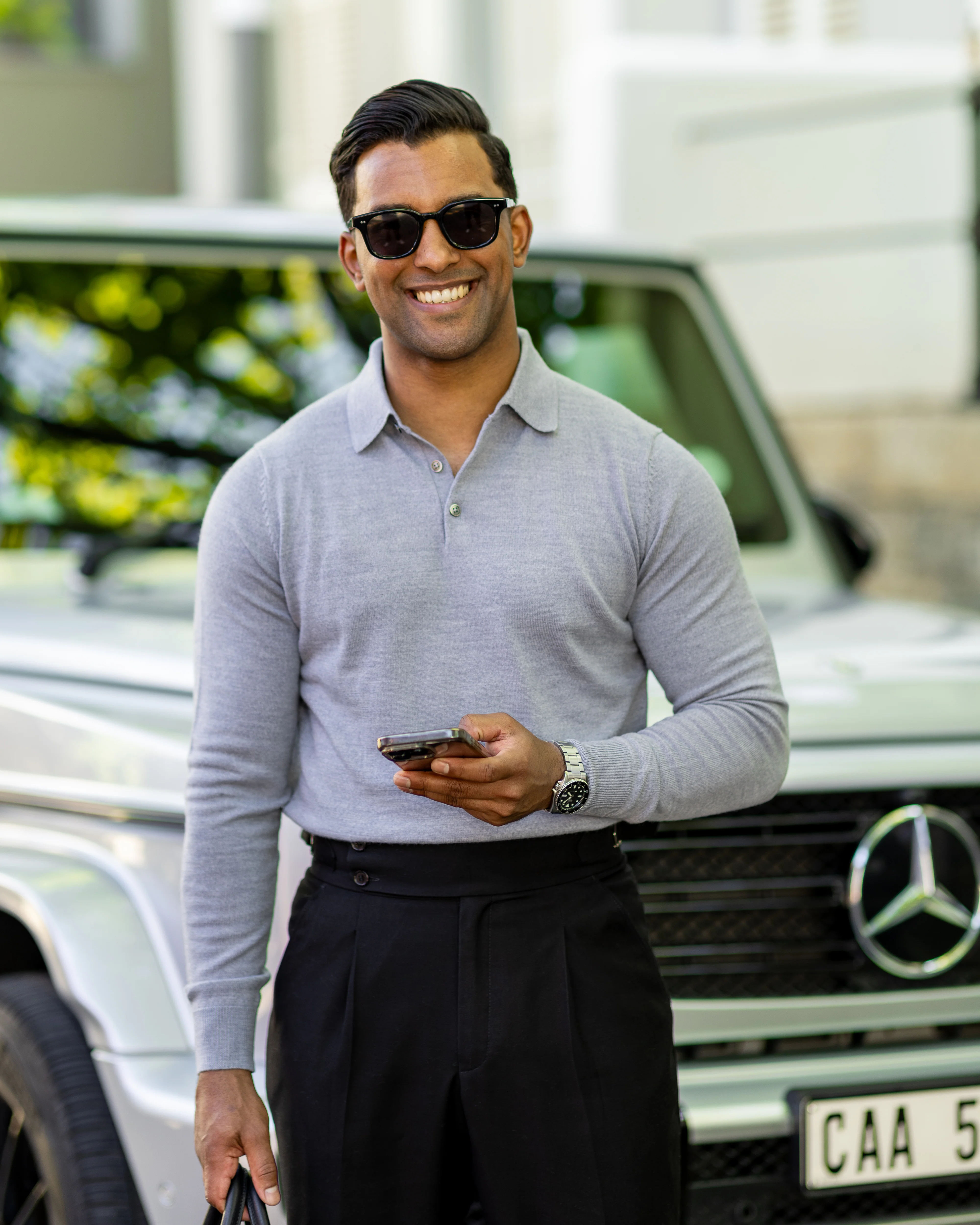 Bellagio Three Button Long Sleeve Merino Polo Slate Blue - Image 3