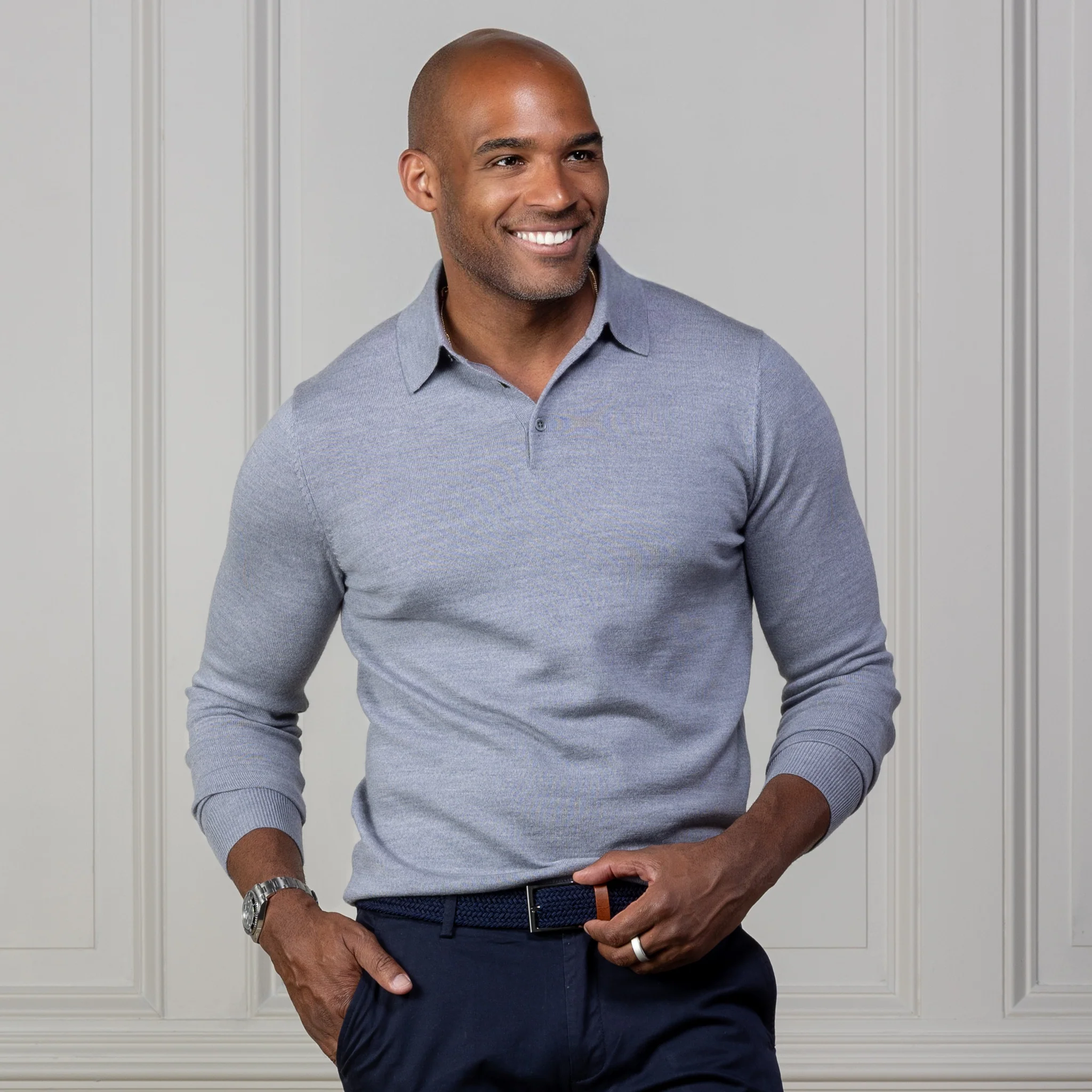Bellagio Three Button Long Sleeve Merino Polo Slate Blue - Image 5