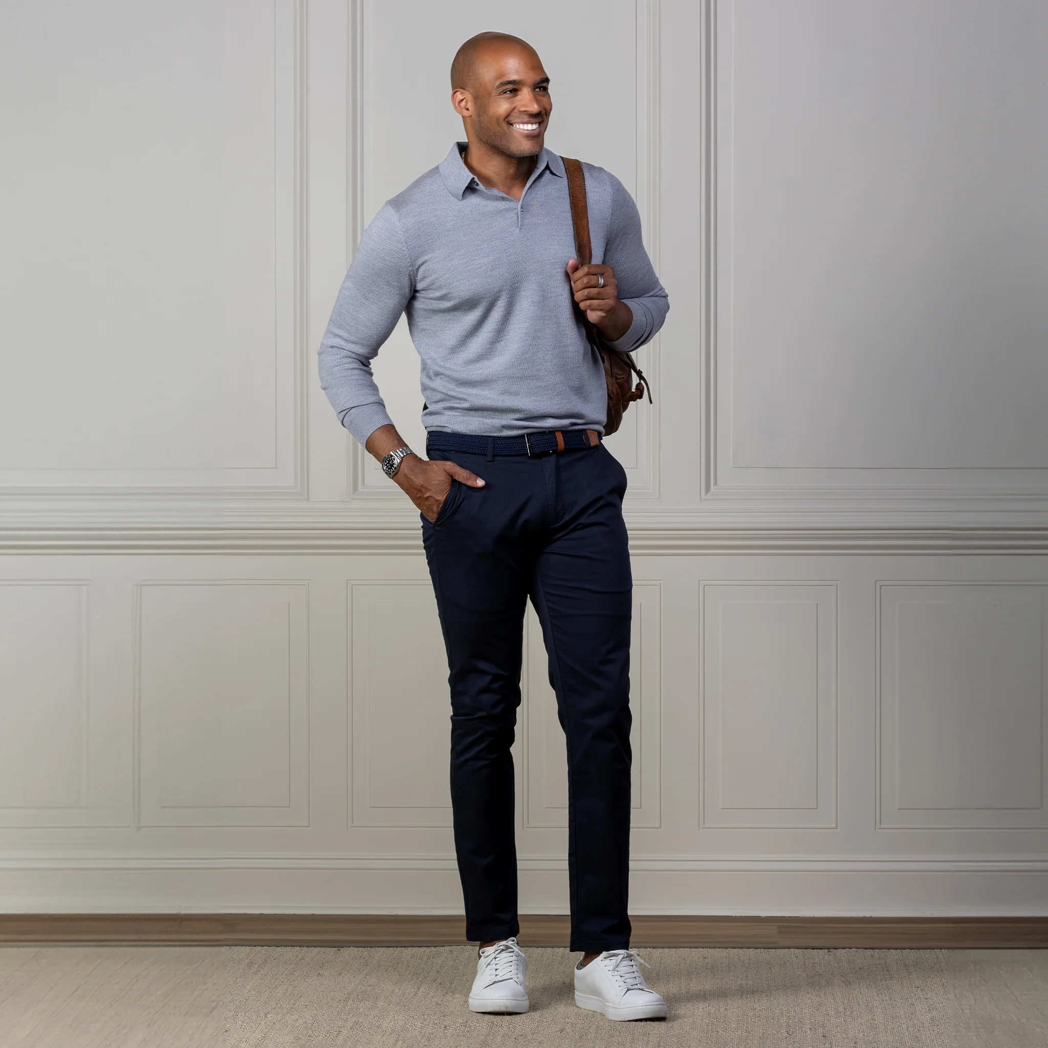 Bellagio Three Button Long Sleeve Merino Polo Slate Blue - Image 6