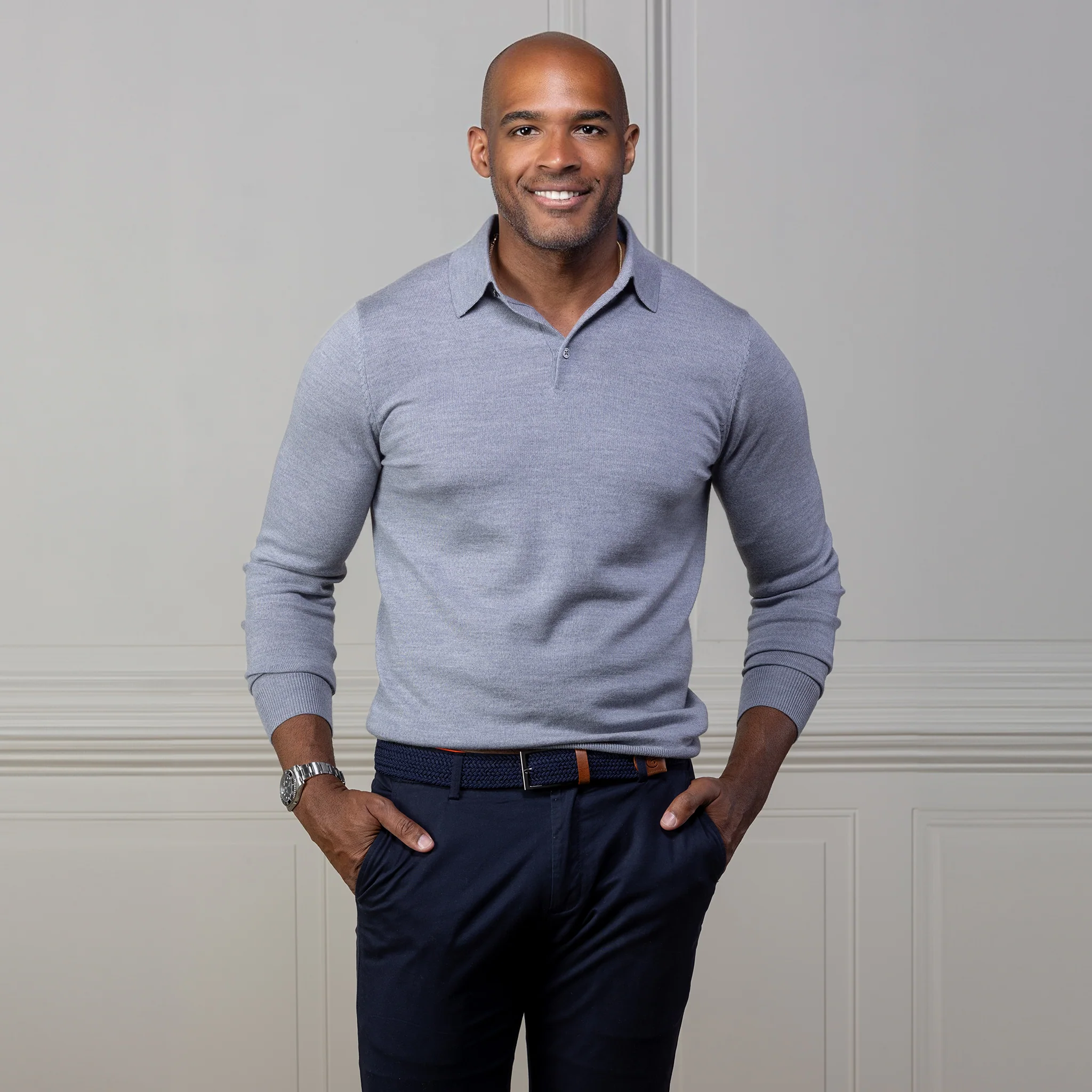 Bellagio Three Button Long Sleeve Merino Polo Slate Blue - Image 7