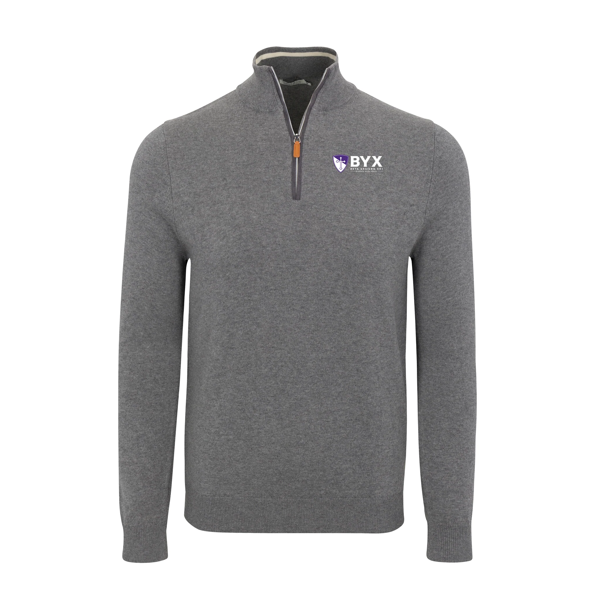 Beta Upsilon Chi Grey with Grey Trim Luxury Touch Cotton and Cashmere Quarter Zip Sweater