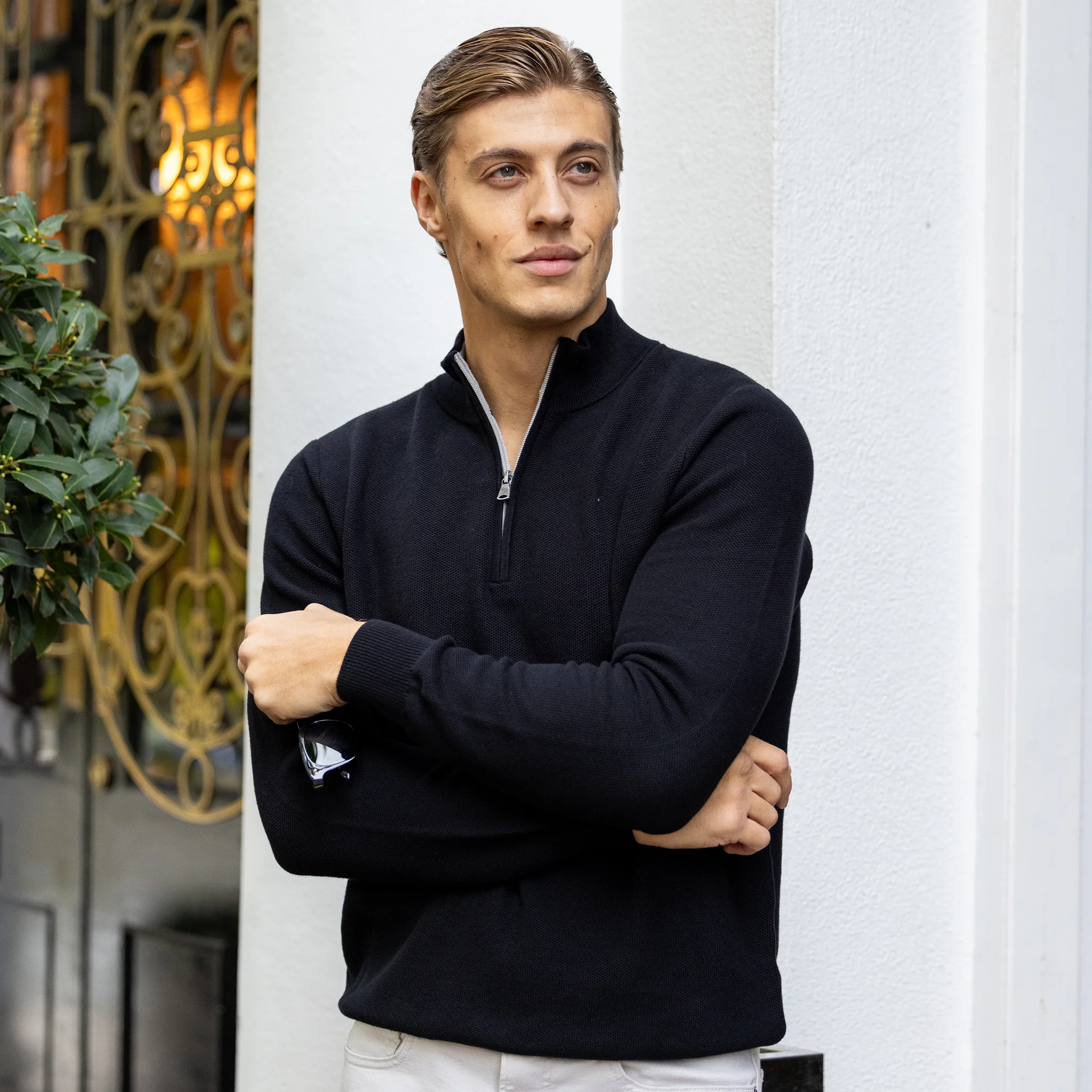 Black Vineyard Waffle Knit Quarter Zip Sweater - Image 2