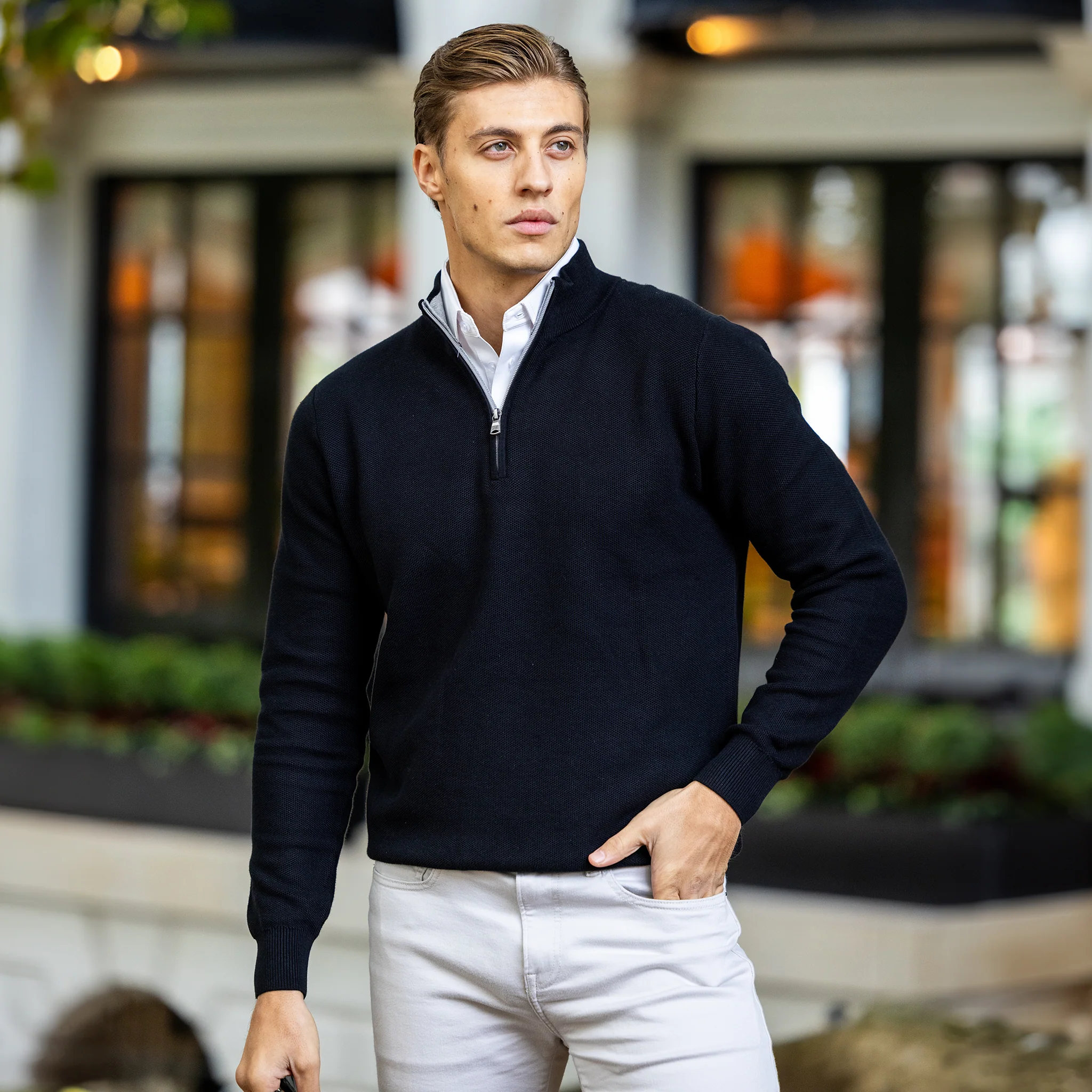 Black Vineyard Waffle Knit Quarter Zip Sweater - Image 3
