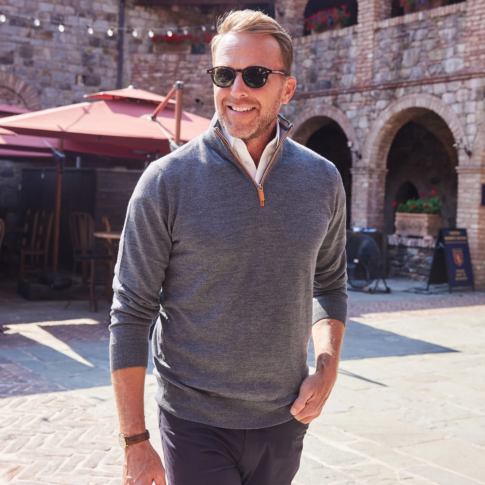 Charcoal with Brown Suede Trim Cashmere Touch Australian Merino Quarter Zip Sweater - Image 3