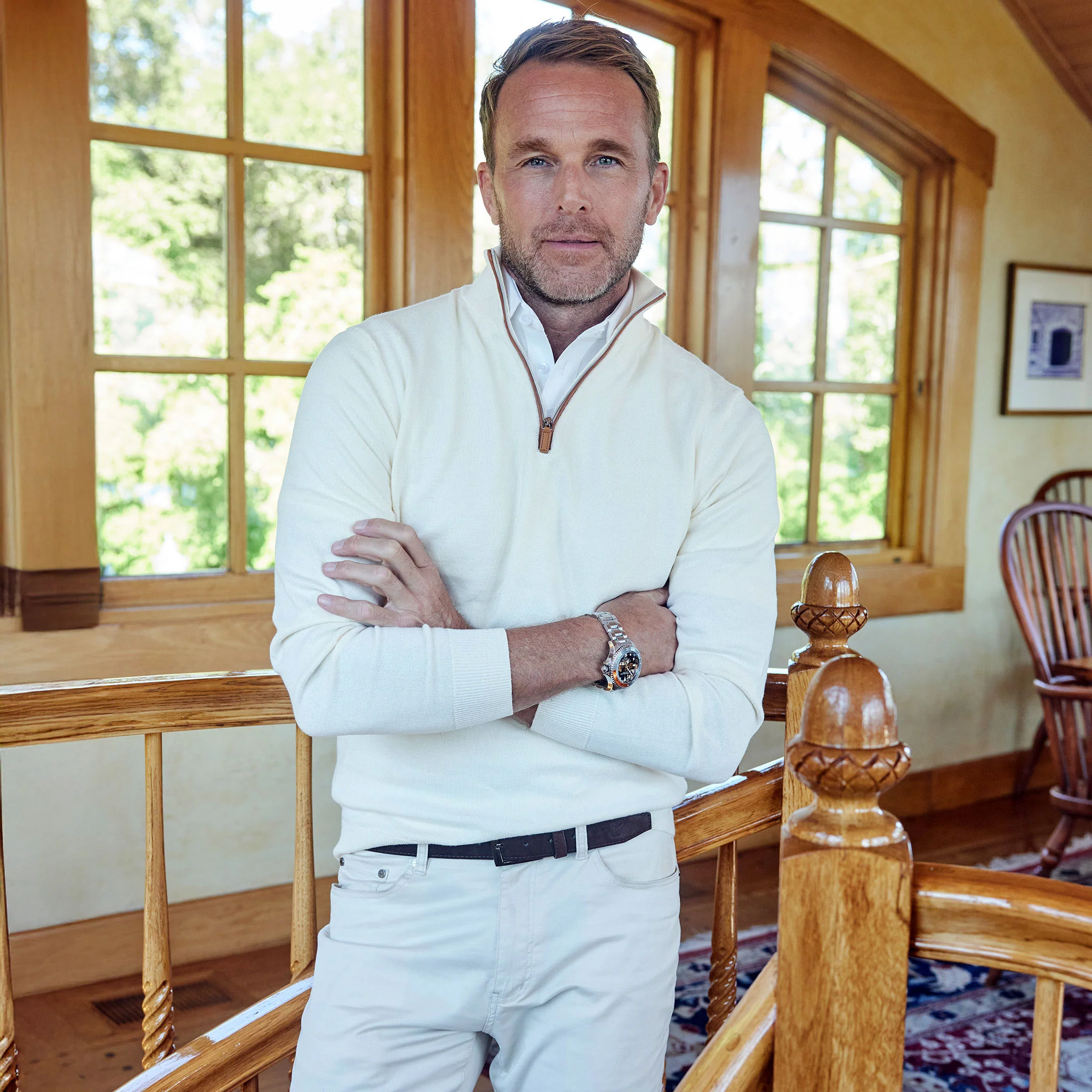Cream with Brown Suede Trim Luxury Touch Cotton and Cashmere Quarter Zip Sweater - Image 3