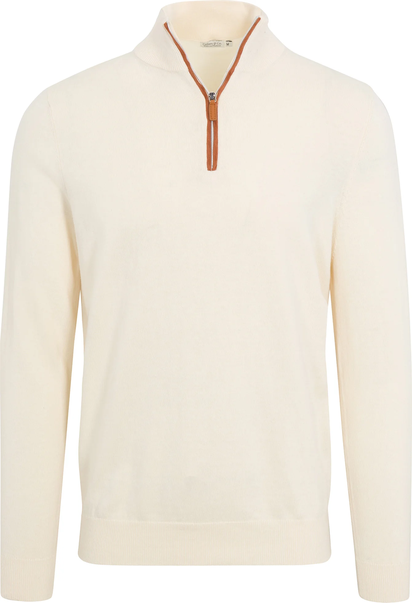 Cream with Brown Suede Trim Luxury Touch Cotton and Cashmere Quarter Zip Sweater - Image 4