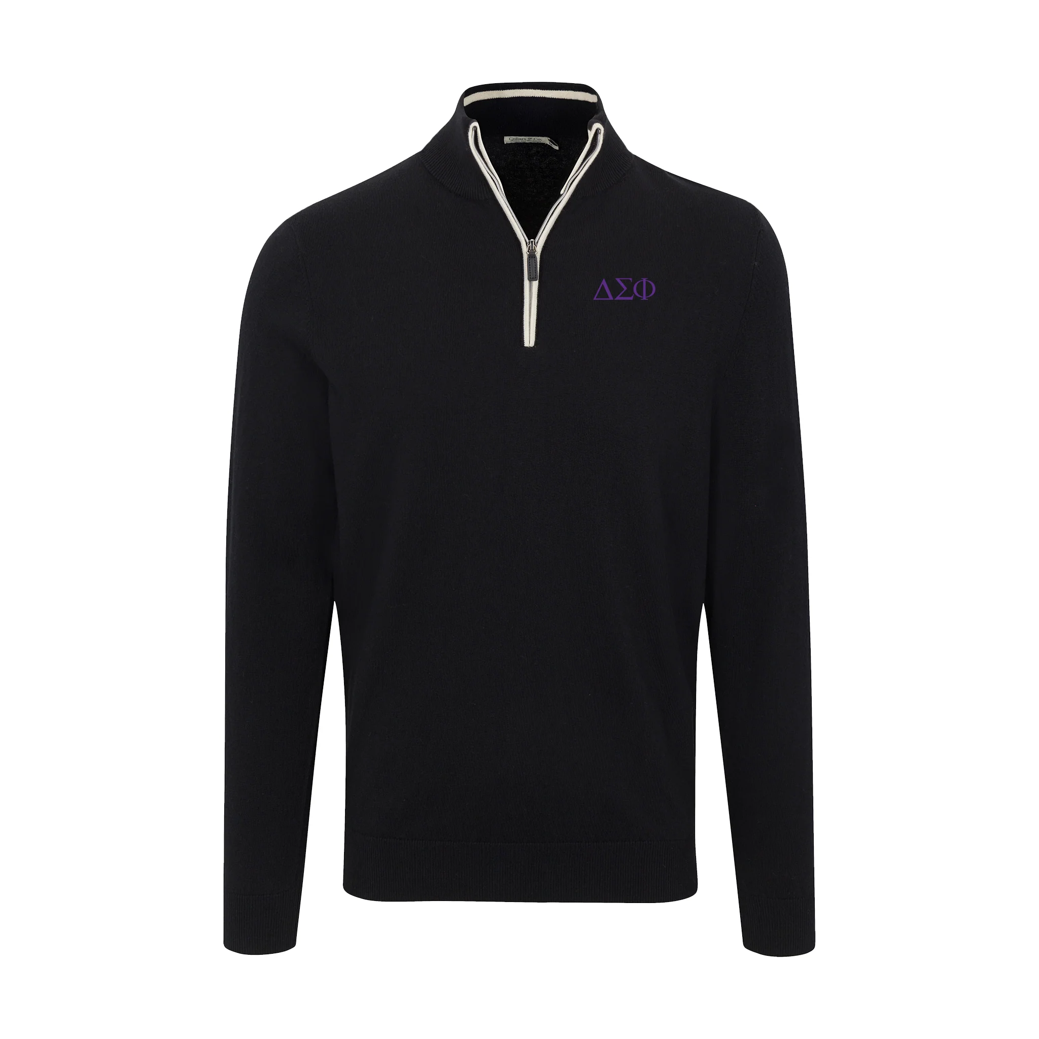 Delta Sigma Phi Black with White Trim Luxury Touch Cotton and Cashmere Quarter Zip Sweater
