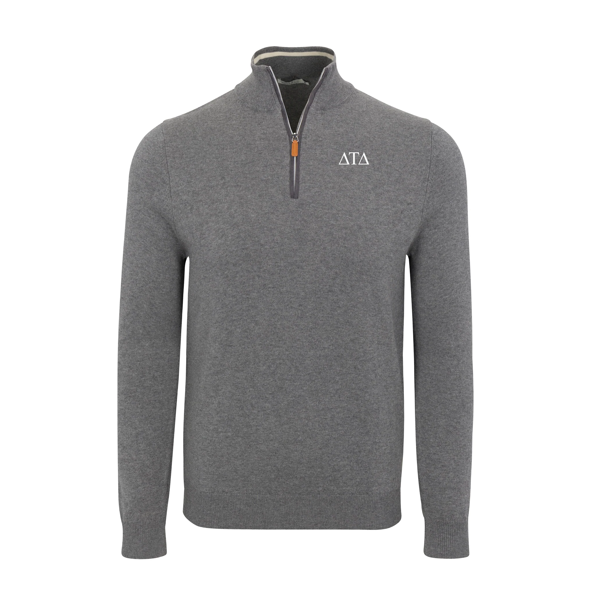 Delta Tau Delta Grey with Grey Trim Luxury Touch Cotton and Cashmere Quarter Zip Sweater