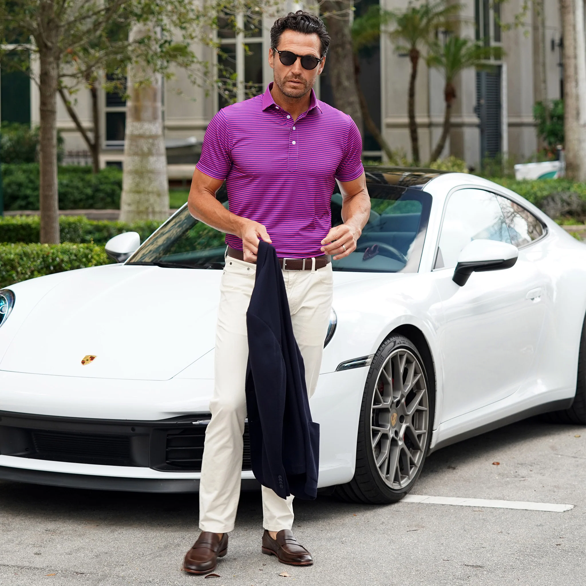 Featherweight Flex Polo Collins Berry with Navy Stripe - Image 2