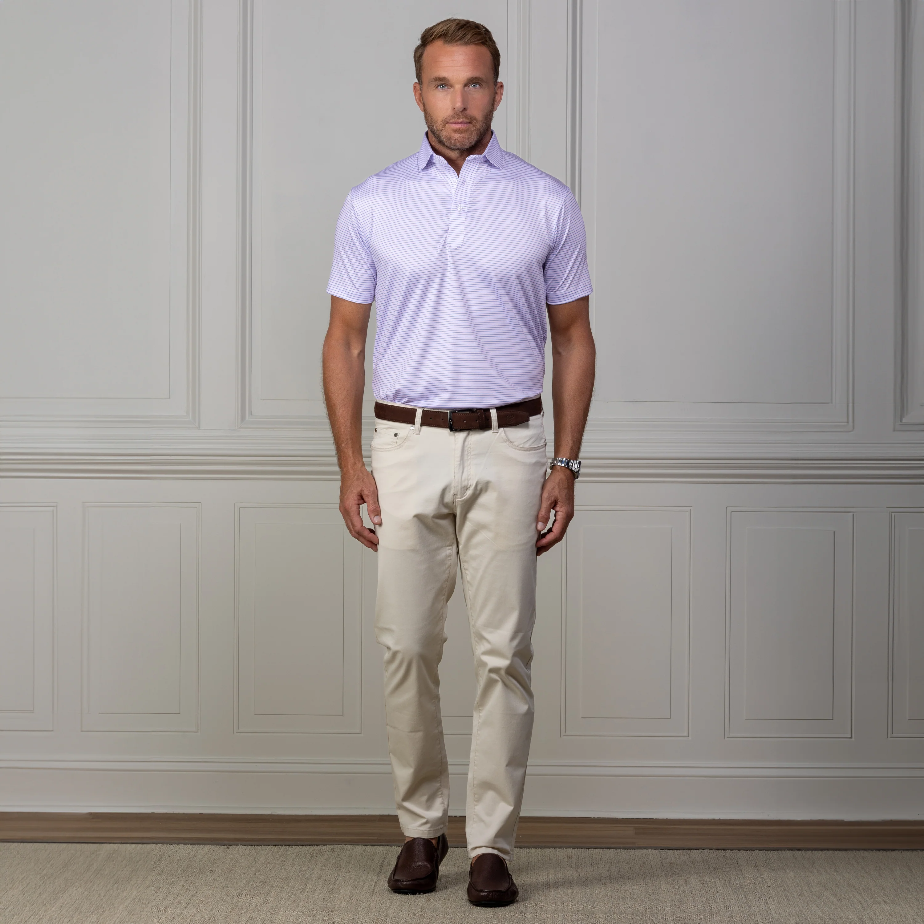 Featherweight Flex Polo Mackenzie Light Pink with Blue Stripe - Image 3