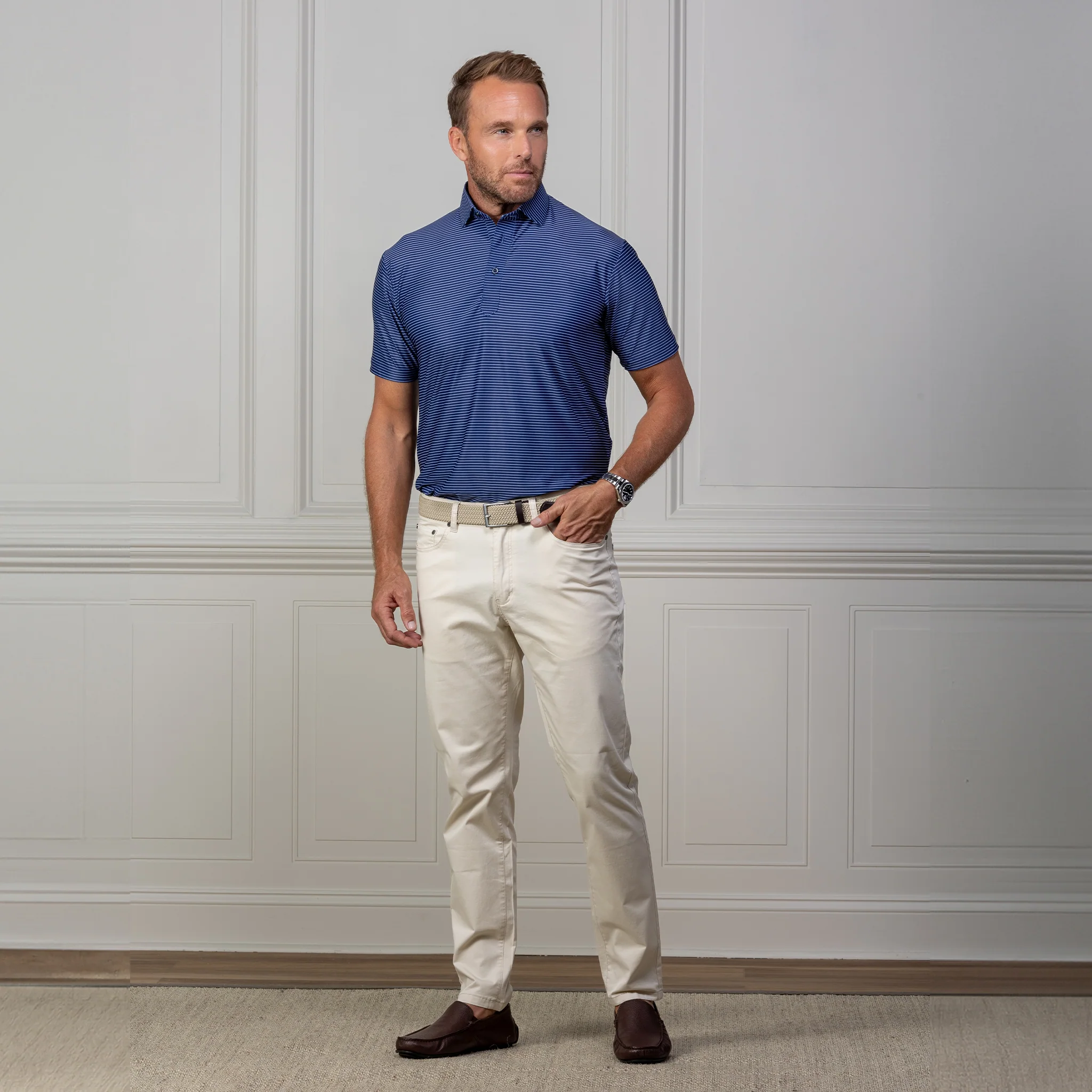 Featherweight Flex Polo Sawyer Navy with White Stripe - Image 3