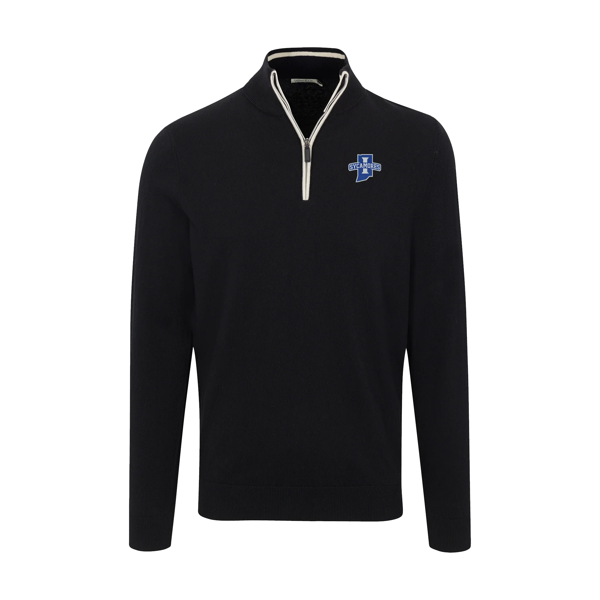 Indiana State Black with White Trim Luxury Touch Cotton and Cashmere Quarter Zip Sweater