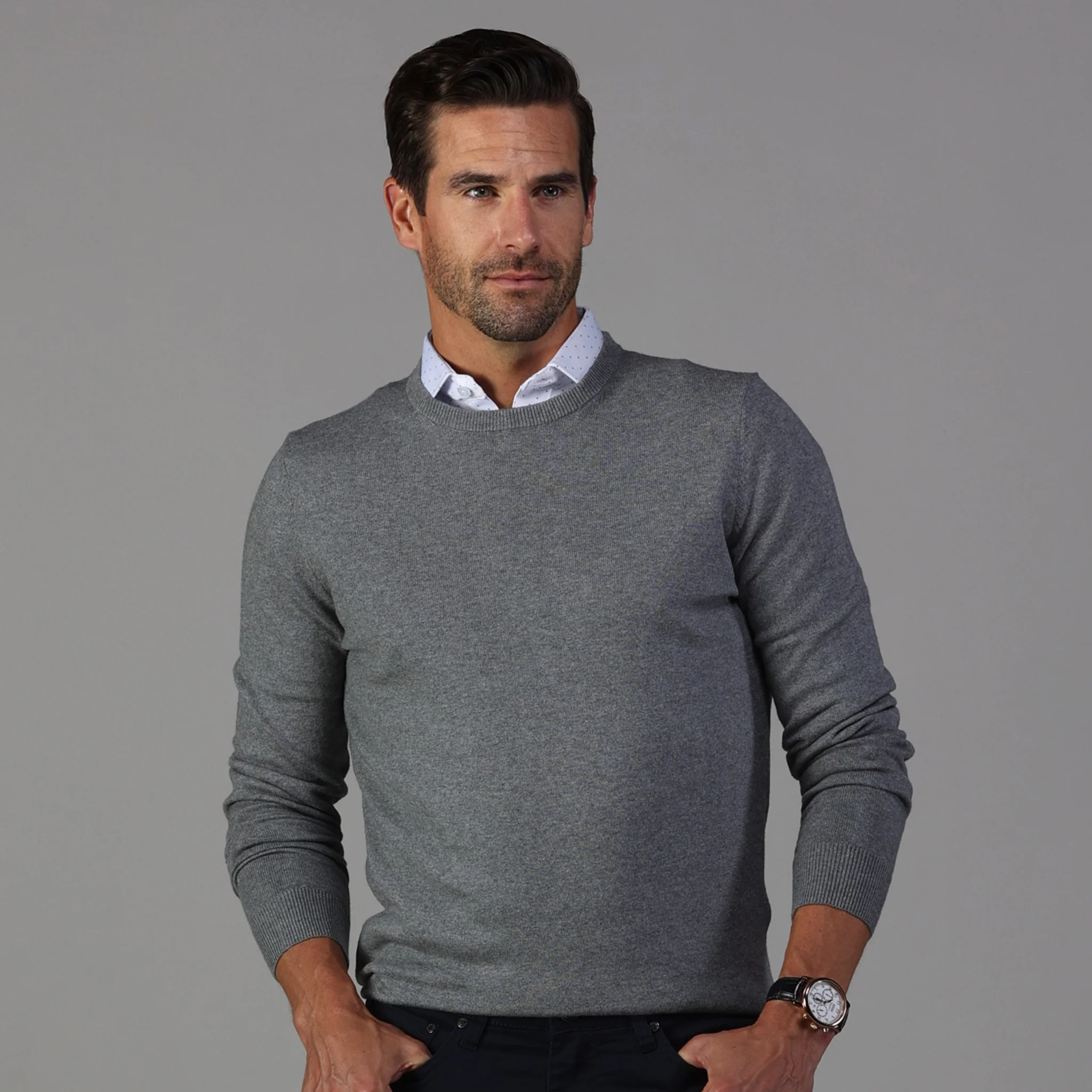 Grey Luxury Touch Cotton and Cashmere Crew Neck Sweater - Image 3