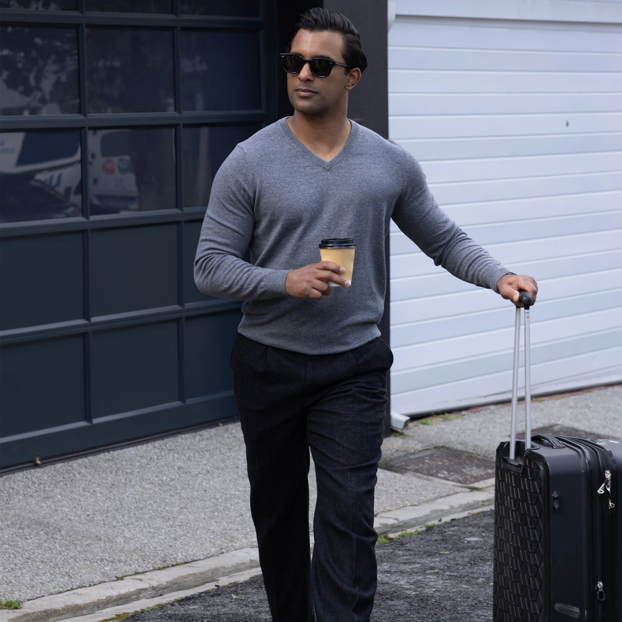 Grey Luxury Touch Cotton and Cashmere V-Neck Sweater - Image 3