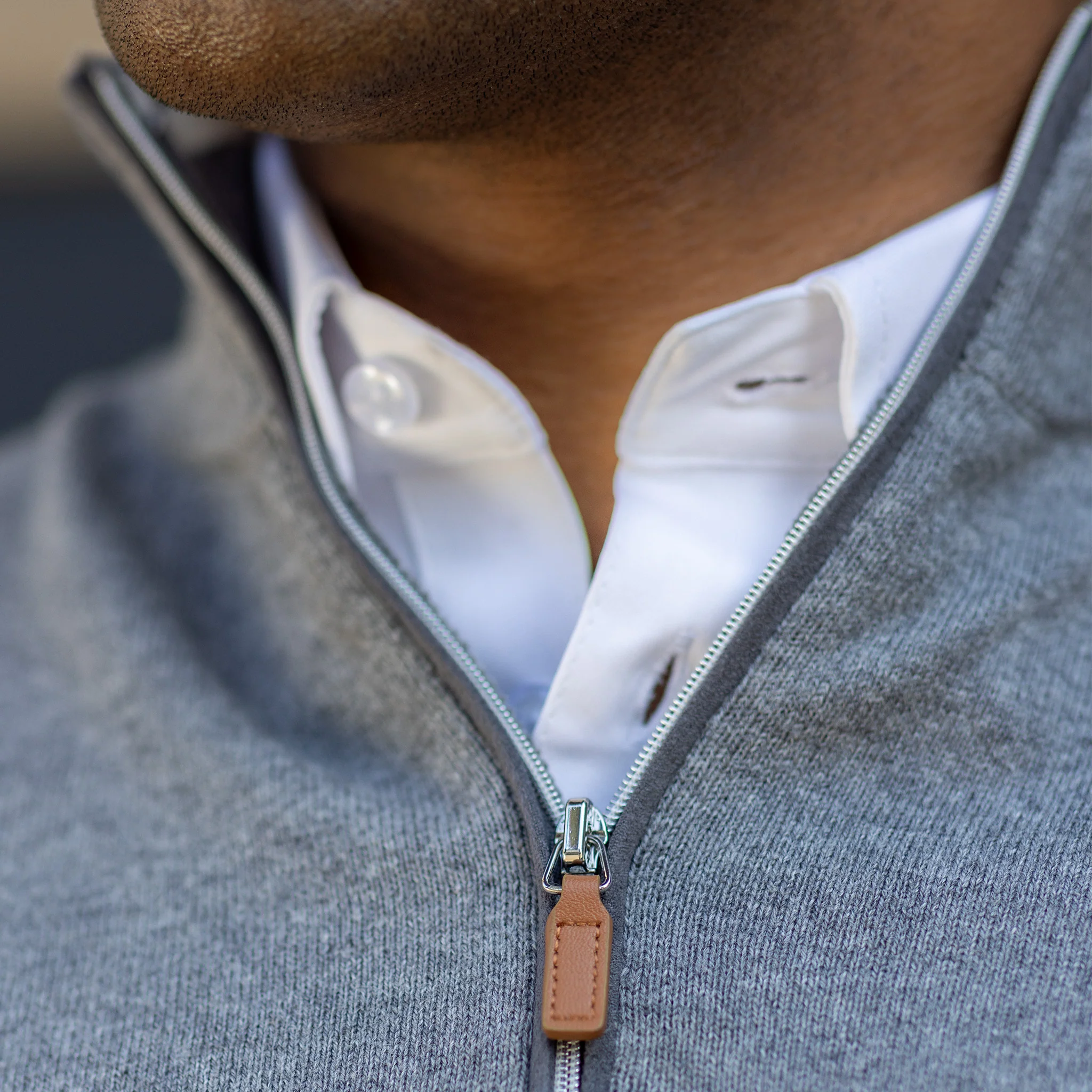 Grey with Grey Trim Luxury Touch Cotton and Cashmere Quarter Zip Sweater - Image 3