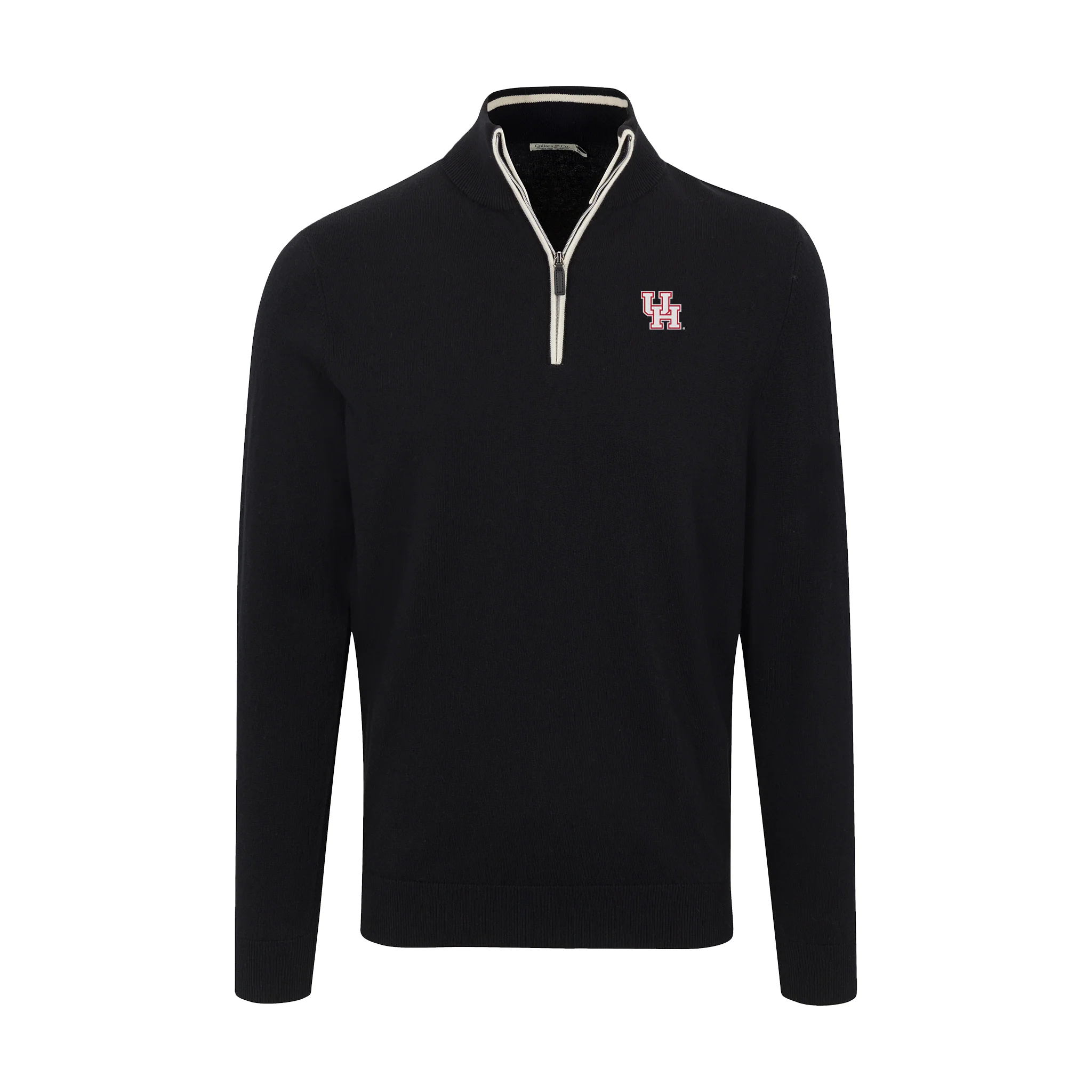 Houston Black with White Trim Luxury Touch Cotton and Cashmere Quarter Zip Sweater