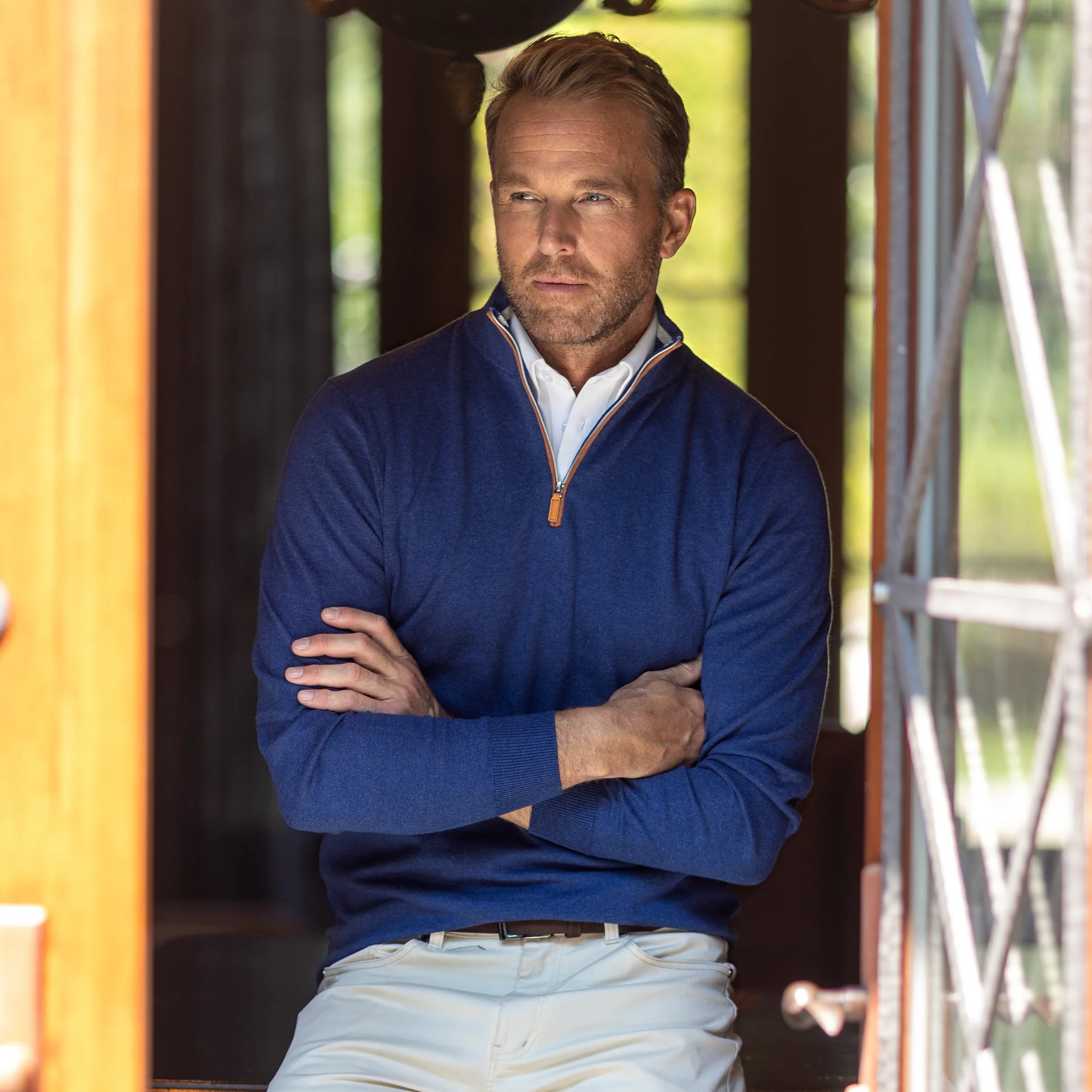 Indigo with Brown Suede Trim Luxury Touch Cotton and Cashmere Quarter Zip Sweater - Image 5