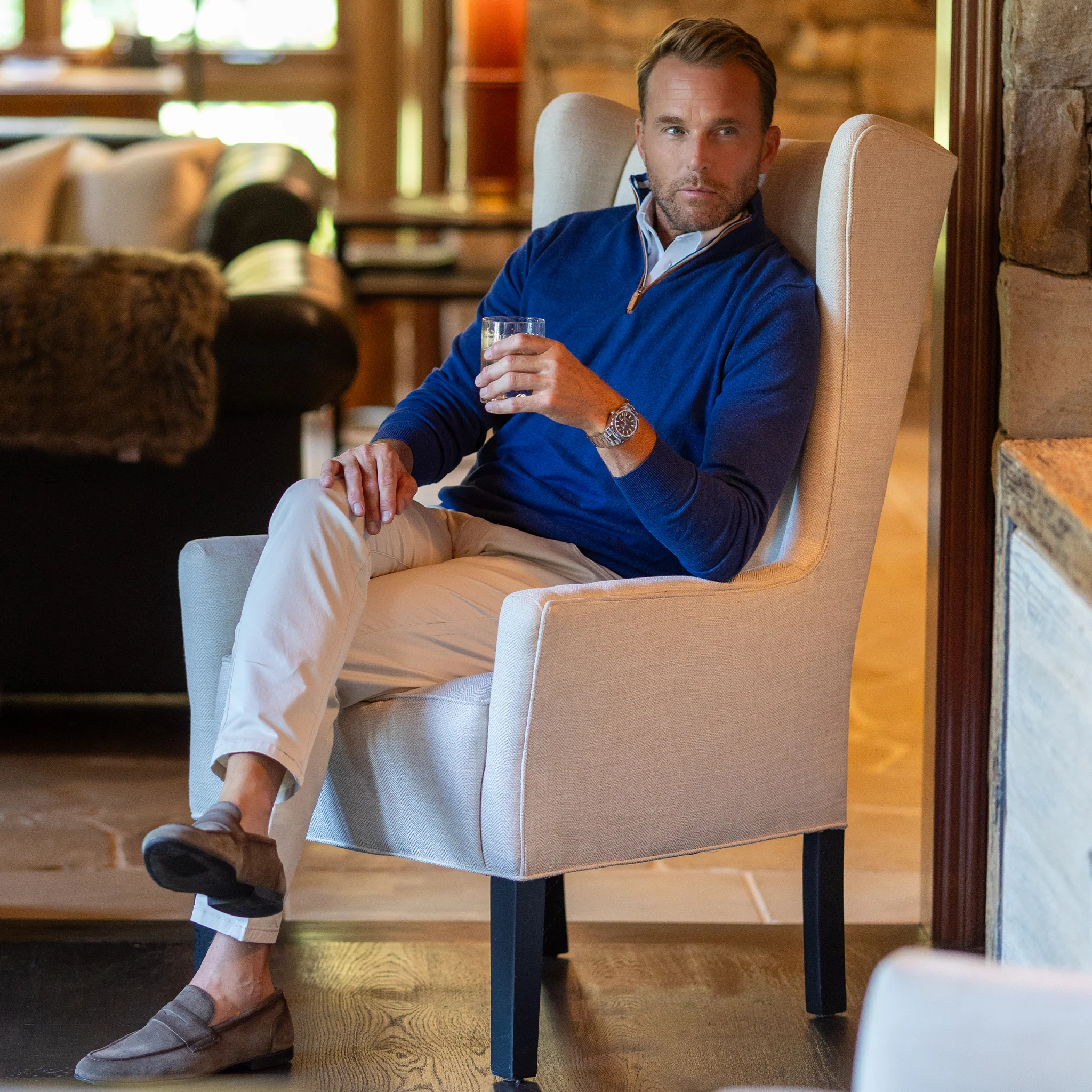 Indigo with Brown Suede Trim Luxury Touch Cotton and Cashmere Quarter Zip Sweater - Image 6