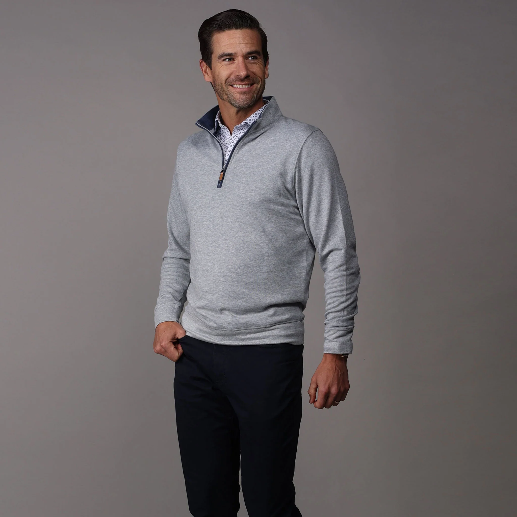 Light Grey Heather Cloud Cotton Quarter Zip with Navy Trim - Image 5