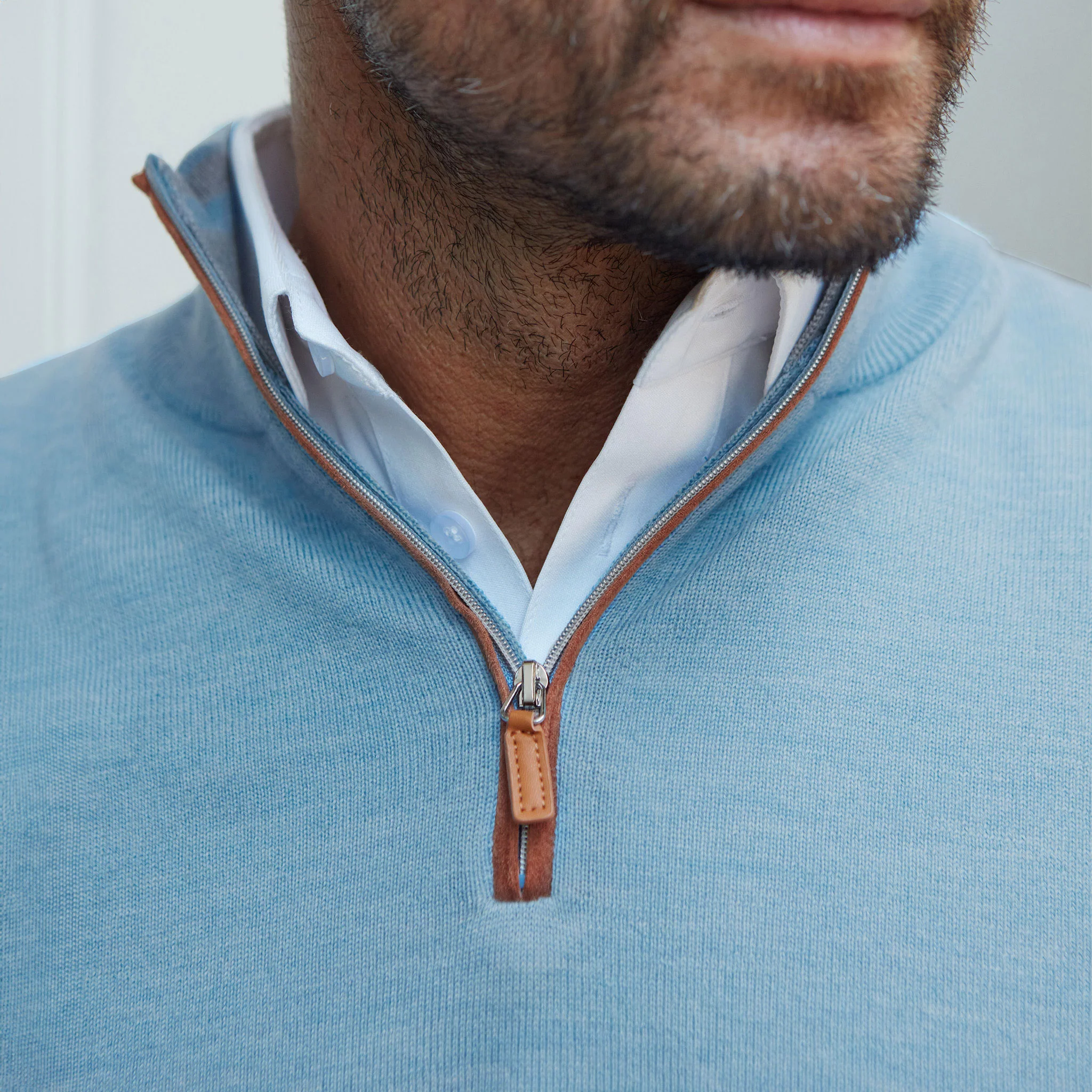Cashmere Touch Australian Merino Quarter Zip Blue Melange with Brown Suede Trim - Image 3