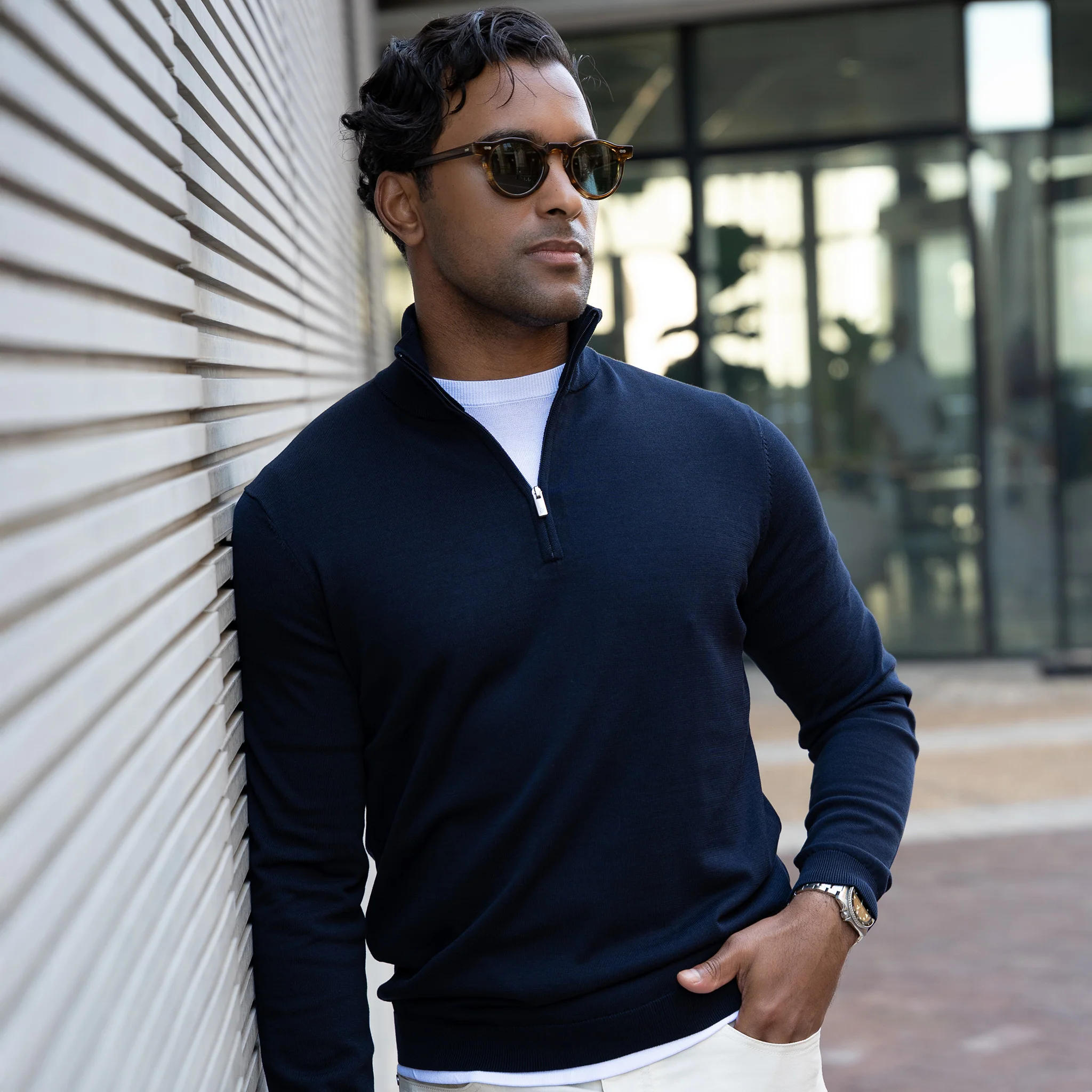 Maranello Cotton & Silk Quarter Zip Navy - Image 3