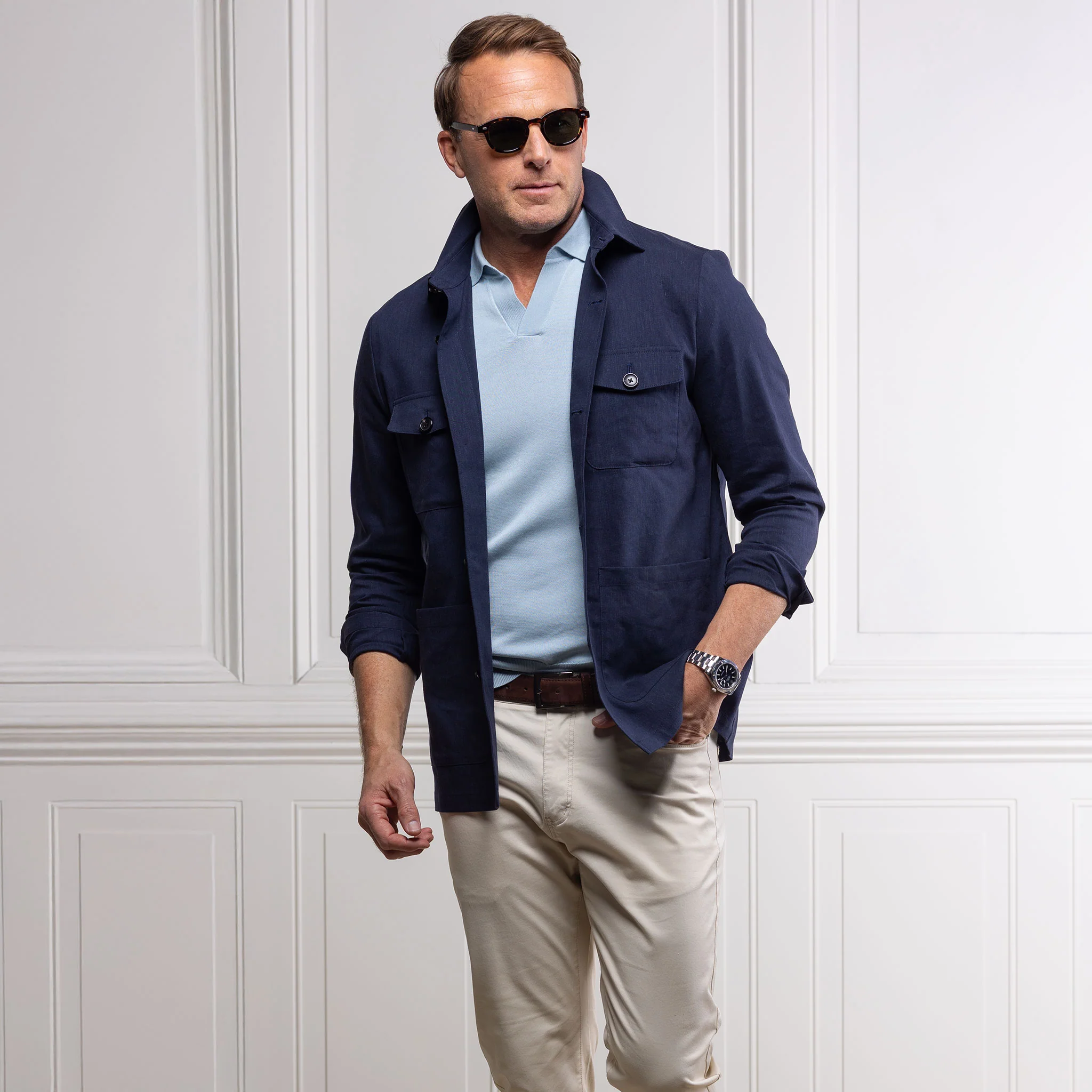 Monterey Cotton & Linen Overshirt Navy - Image 5