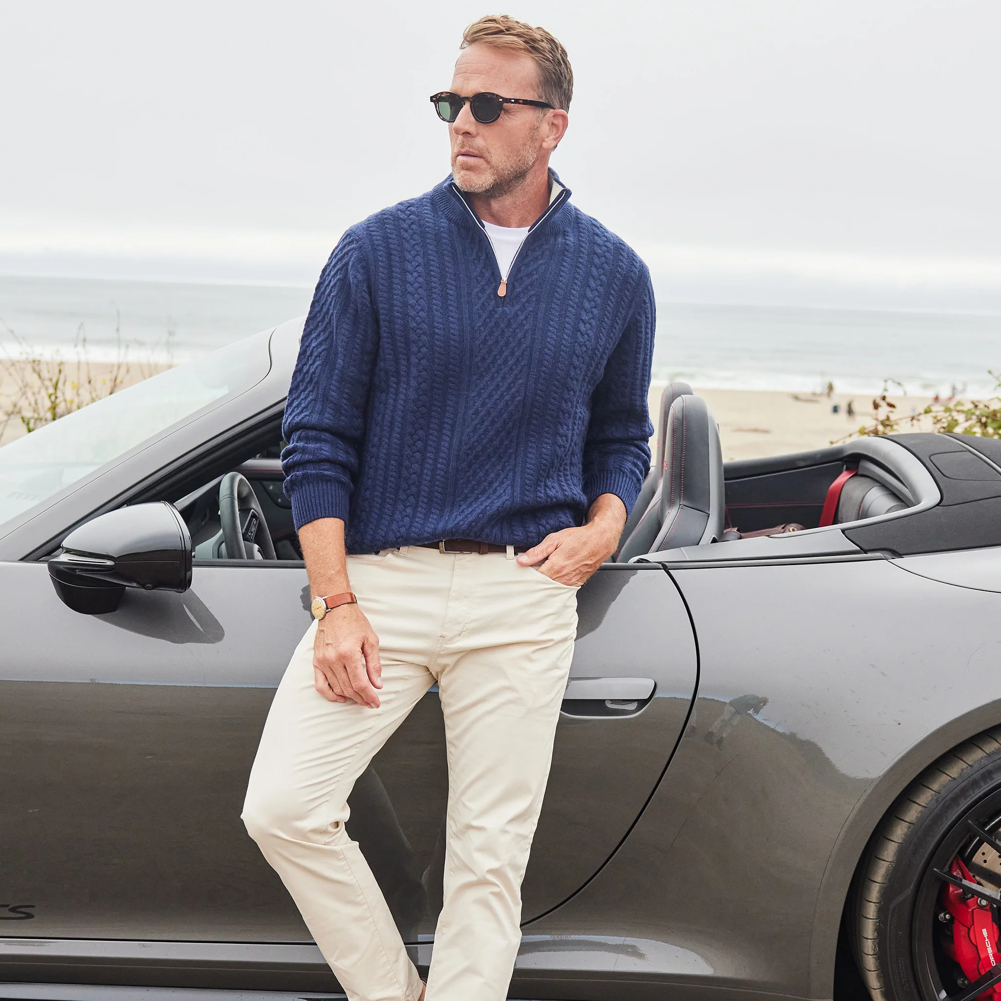 Napoli Cable Knit Quarter Zip Wool & Cashmere Sweater Navy - Image 2