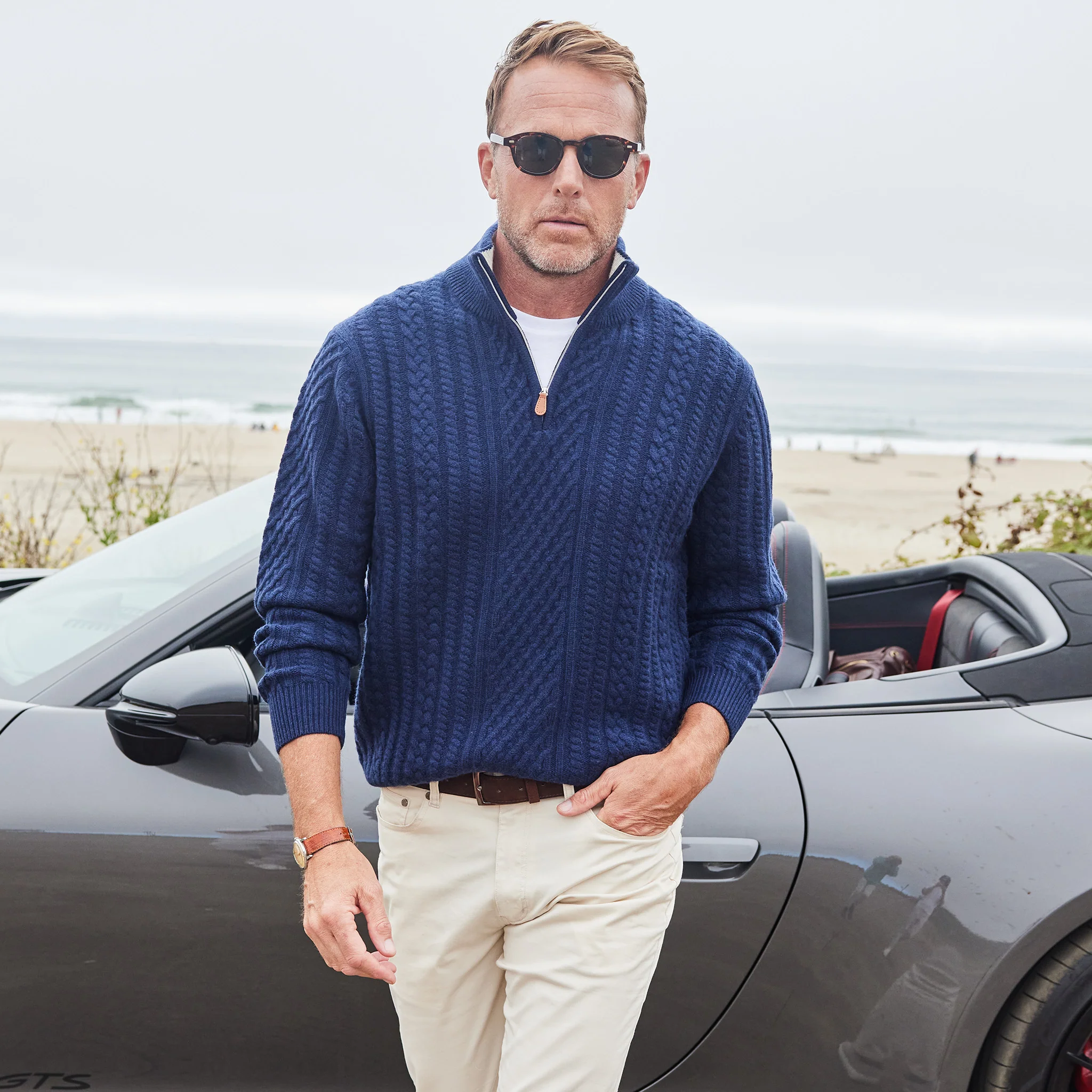Napoli Cable Knit Quarter Zip Wool & Cashmere Sweater Navy - Image 3