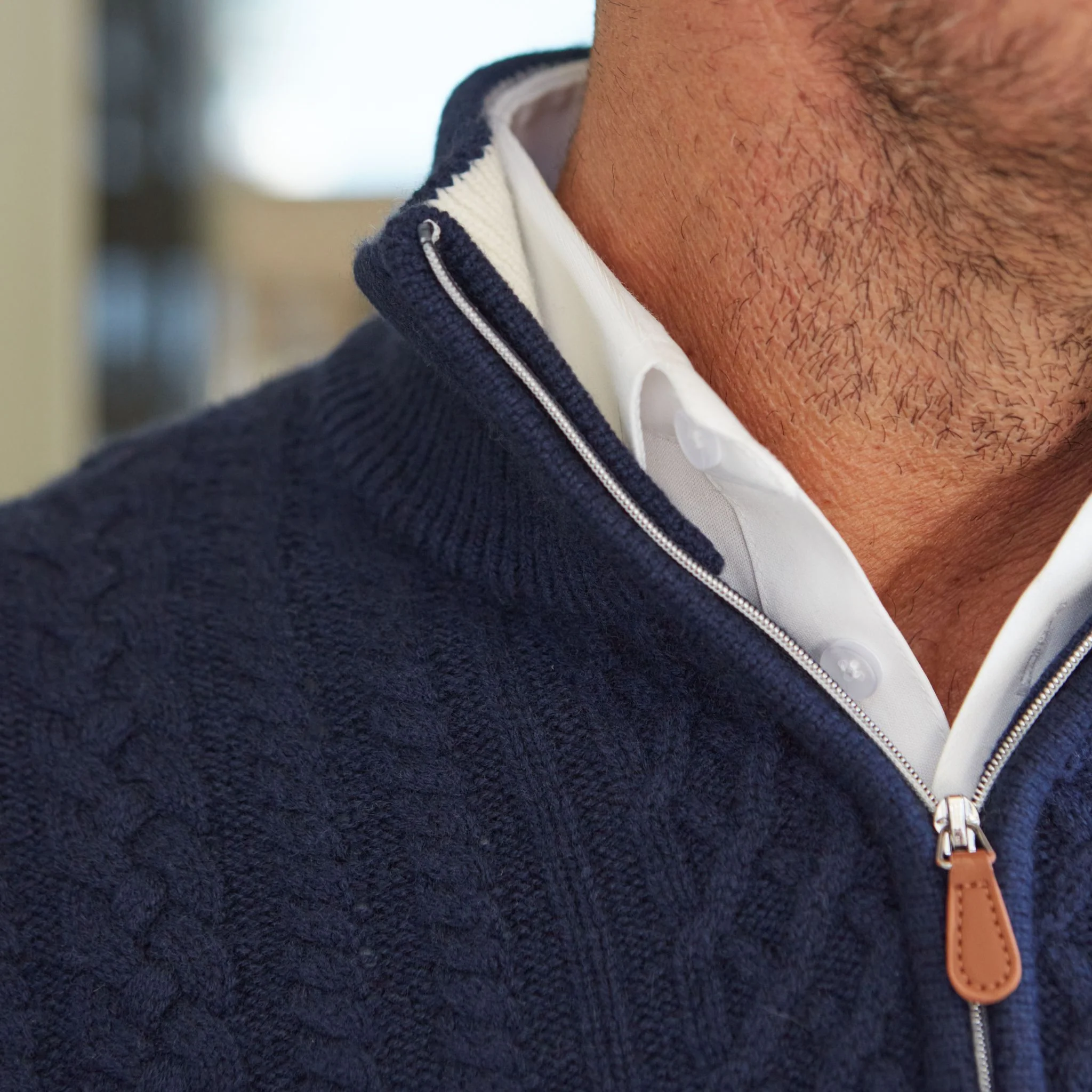 Napoli Cable Knit Quarter Zip Wool & Cashmere Sweater Navy - Image 4