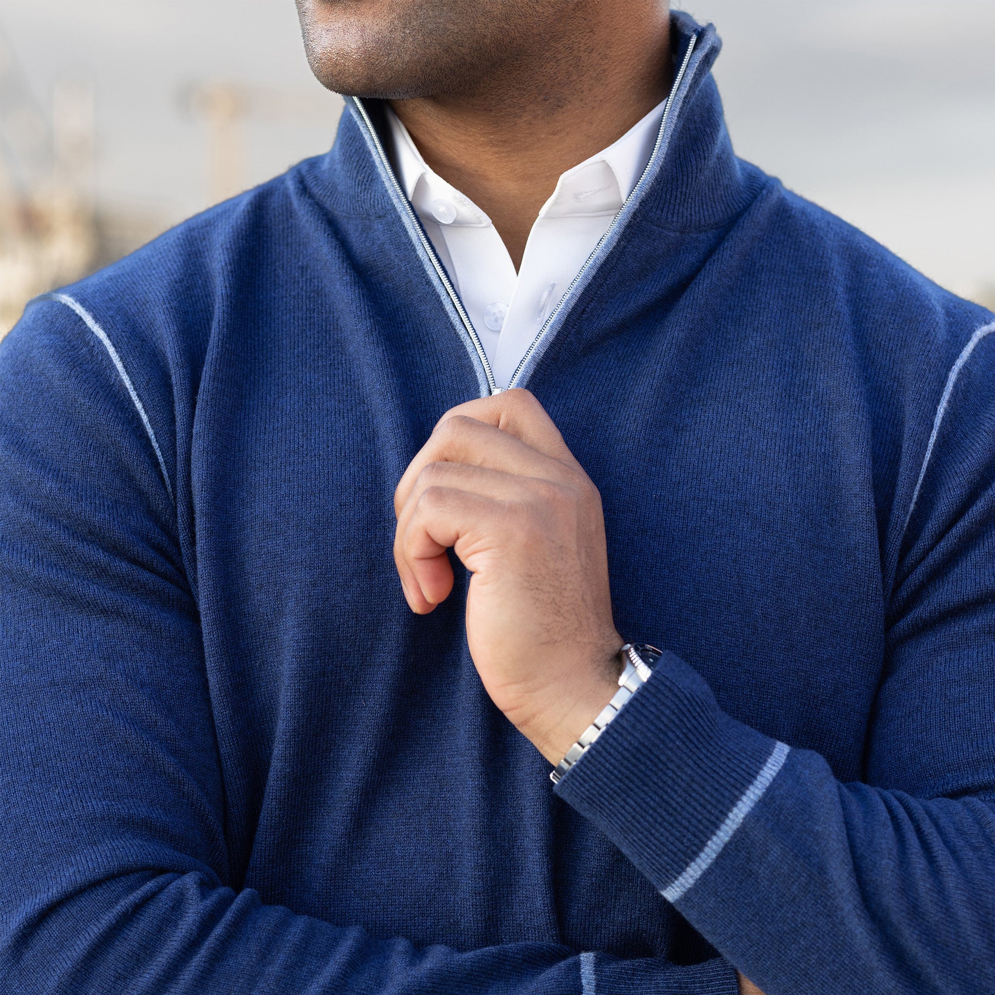 Napoli Accent Quarter Zip Wool & Cashmere Sweater Navy - Image 2