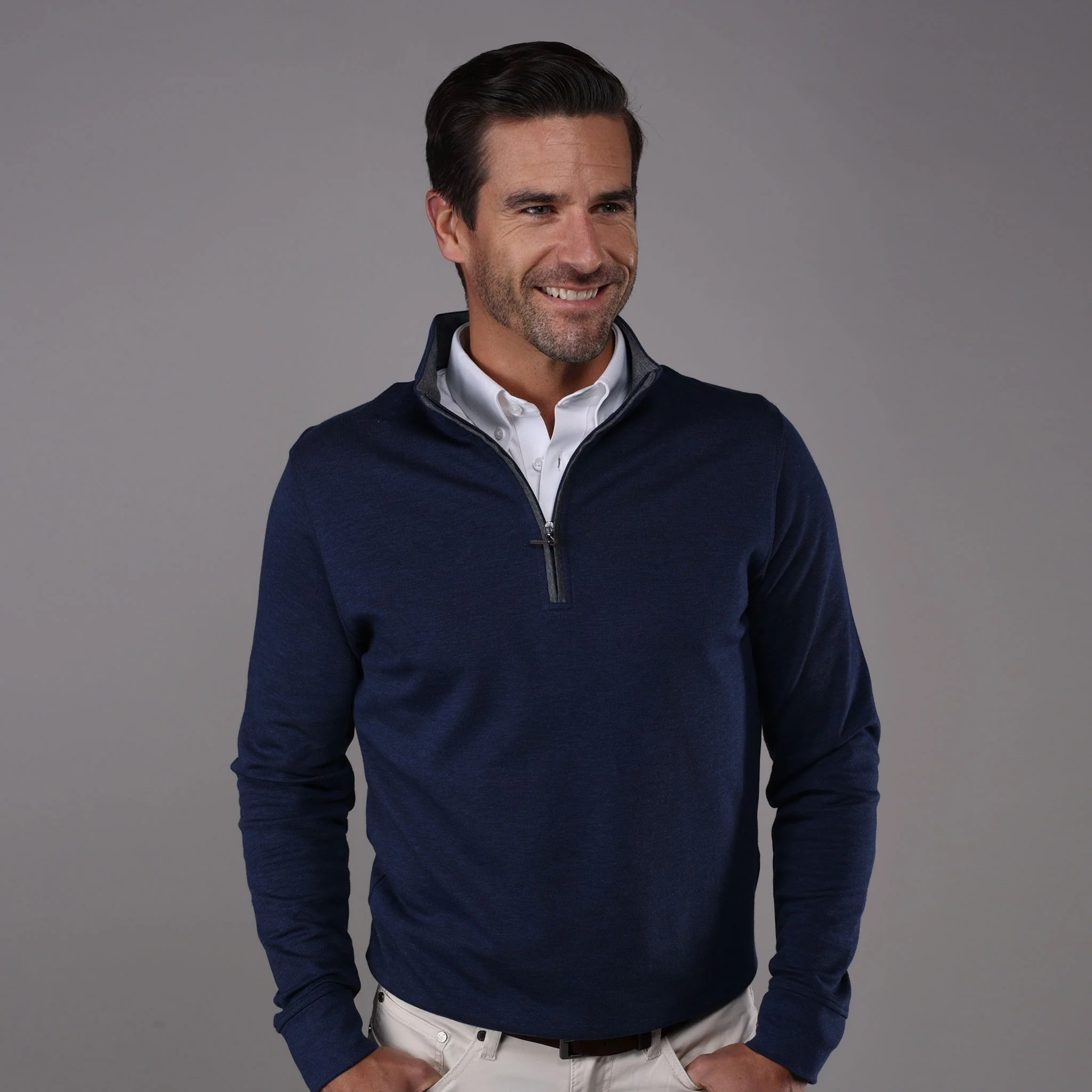 Navy Heather Cloud Cotton Quarter Zip with Grey Trim - Image 3