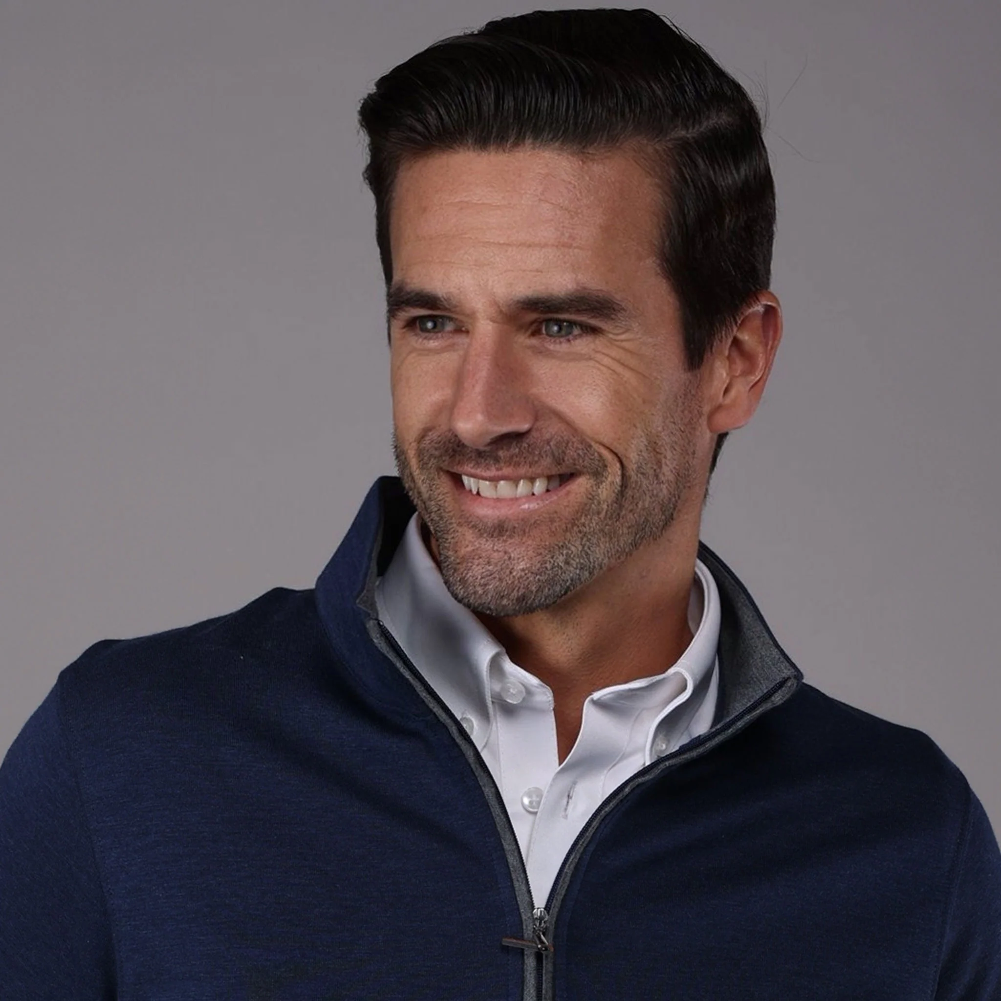 Navy Heather Cloud Cotton Quarter Zip with Grey Trim - Image 4