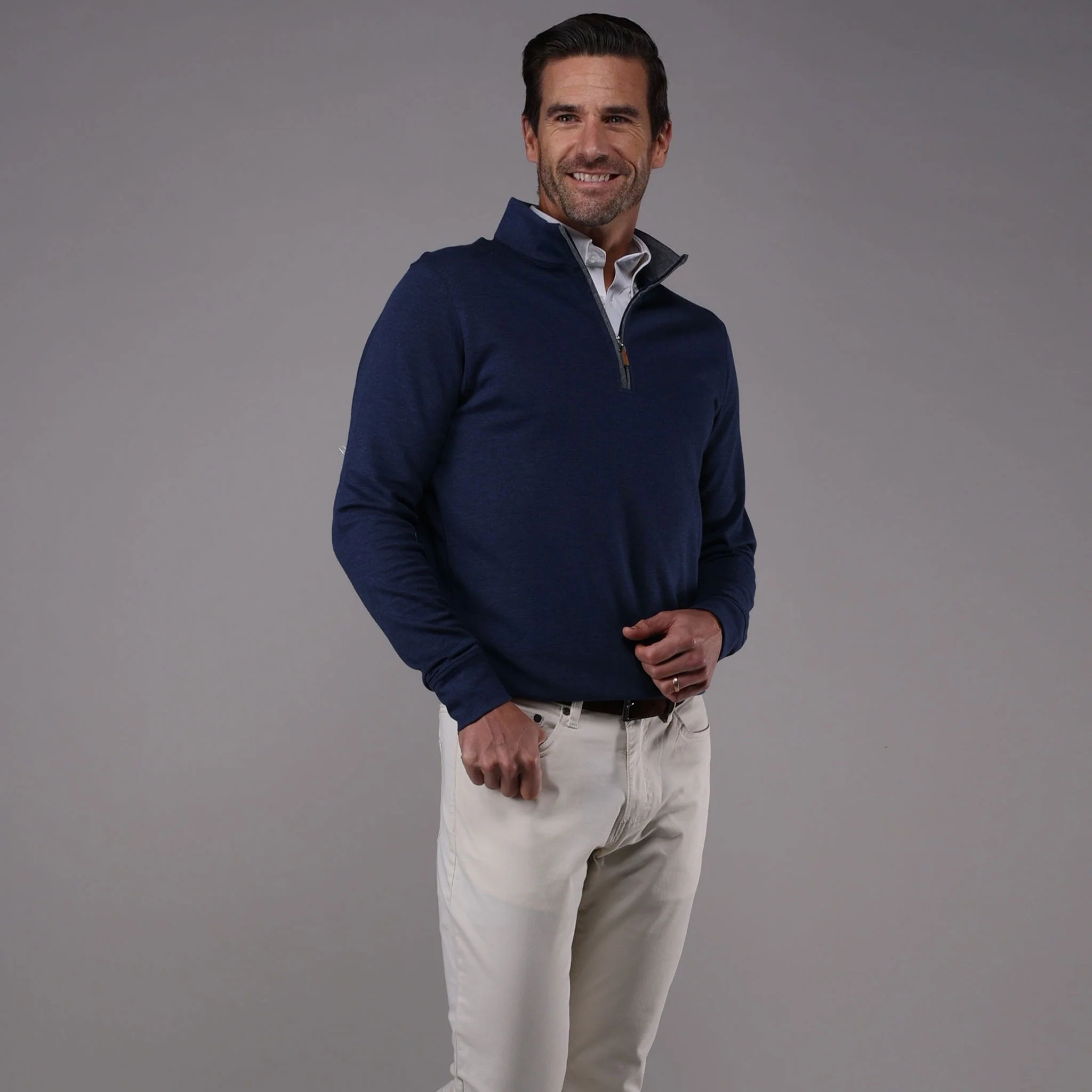 Navy Heather Cloud Cotton Quarter Zip with Grey Trim - Image 5