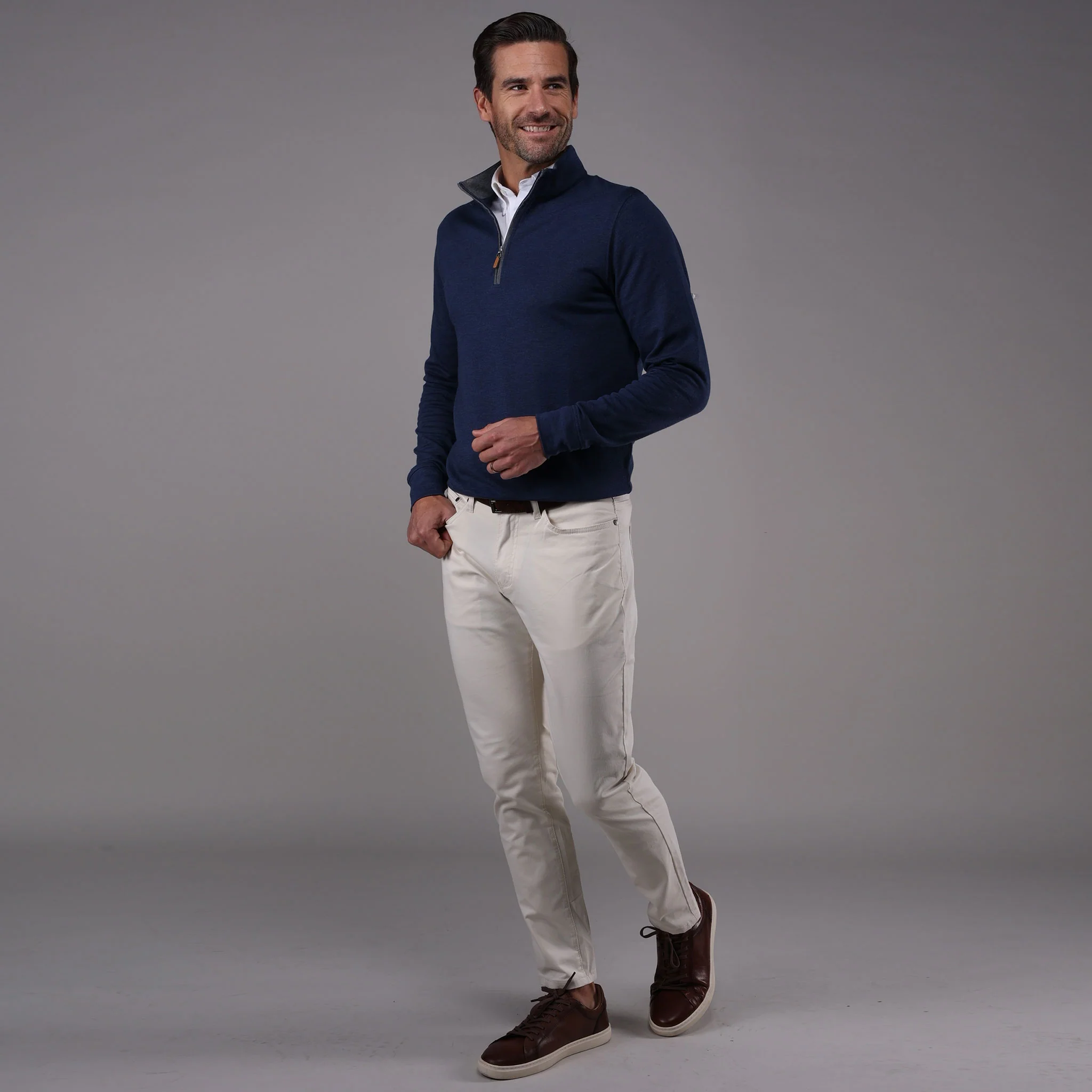 Navy Heather Cloud Cotton Quarter Zip with Grey Trim - Image 6